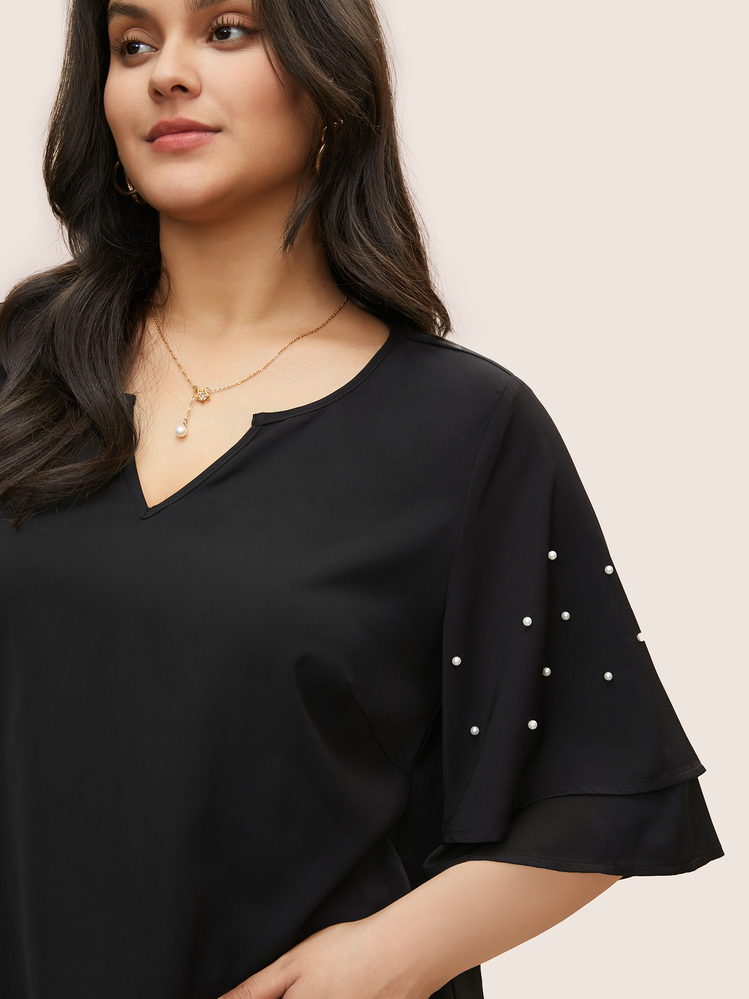 Plus Size Black Solid Pearl Beaded Ruffle Layered Sleeve Blouse Women Elegant Short sleeve V-neck Everyday Blouses BloomChic 10/M 