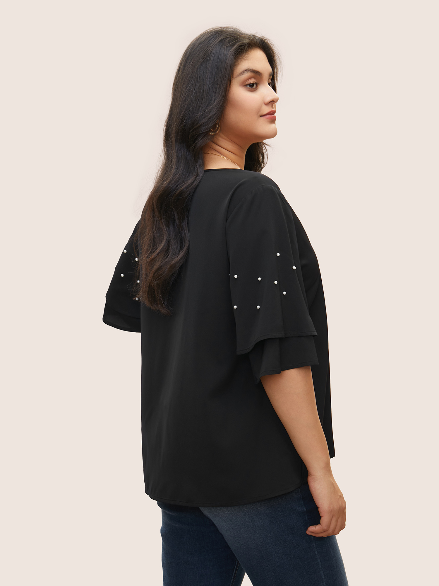 Plus Size Black Solid Pearl Beaded Ruffle Layered Sleeve Blouse Women Elegant Short sleeve V-neck Everyday Blouses BloomChic 10/M 