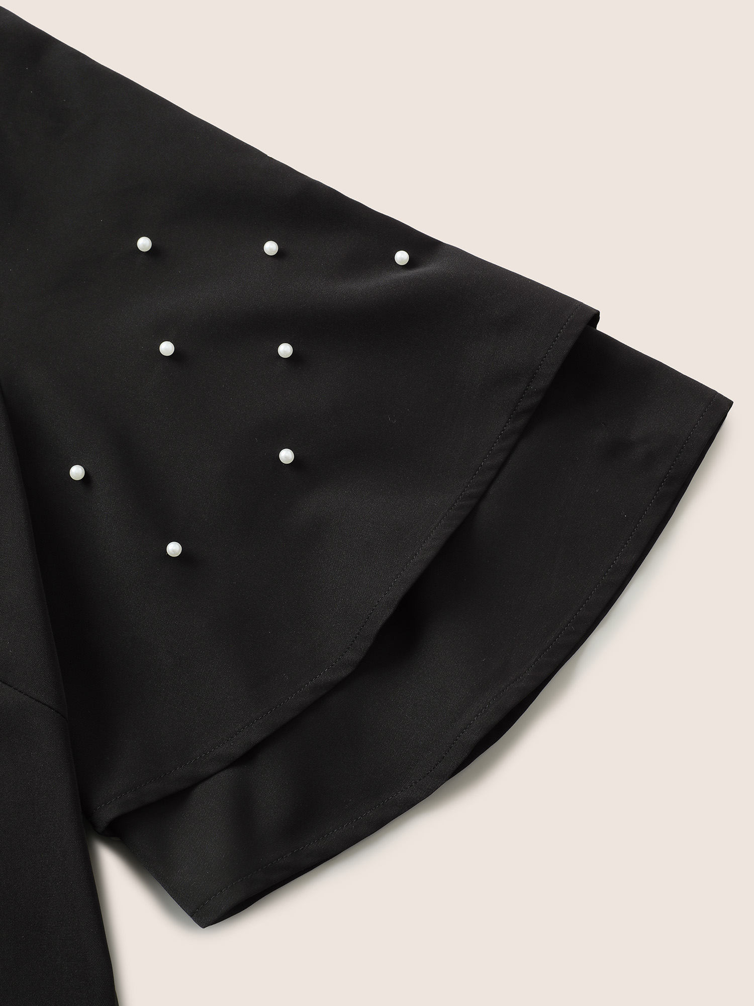 Plus Size Black Solid Pearl Beaded Ruffle Layered Sleeve Blouse Women Elegant Short sleeve V-neck Everyday Blouses BloomChic 10/M 
