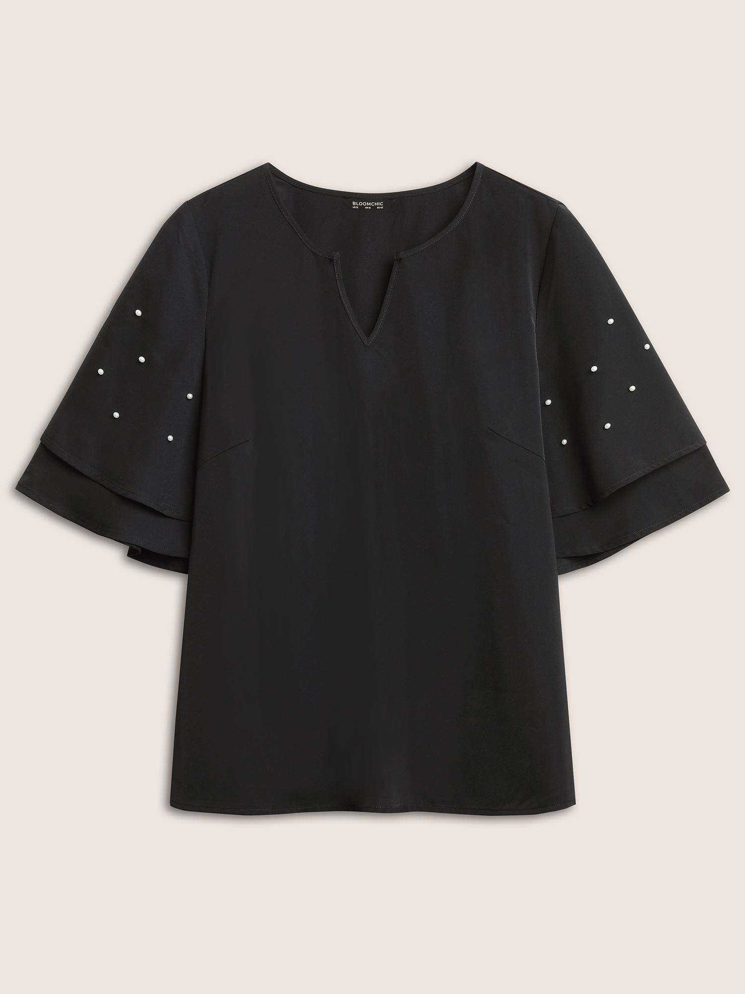 

Plus Size Black Solid Pearl Beaded Ruffle Layered Sleeve Blouse Women Elegant Short sleeve V-neck Everyday Blouses BloomChic