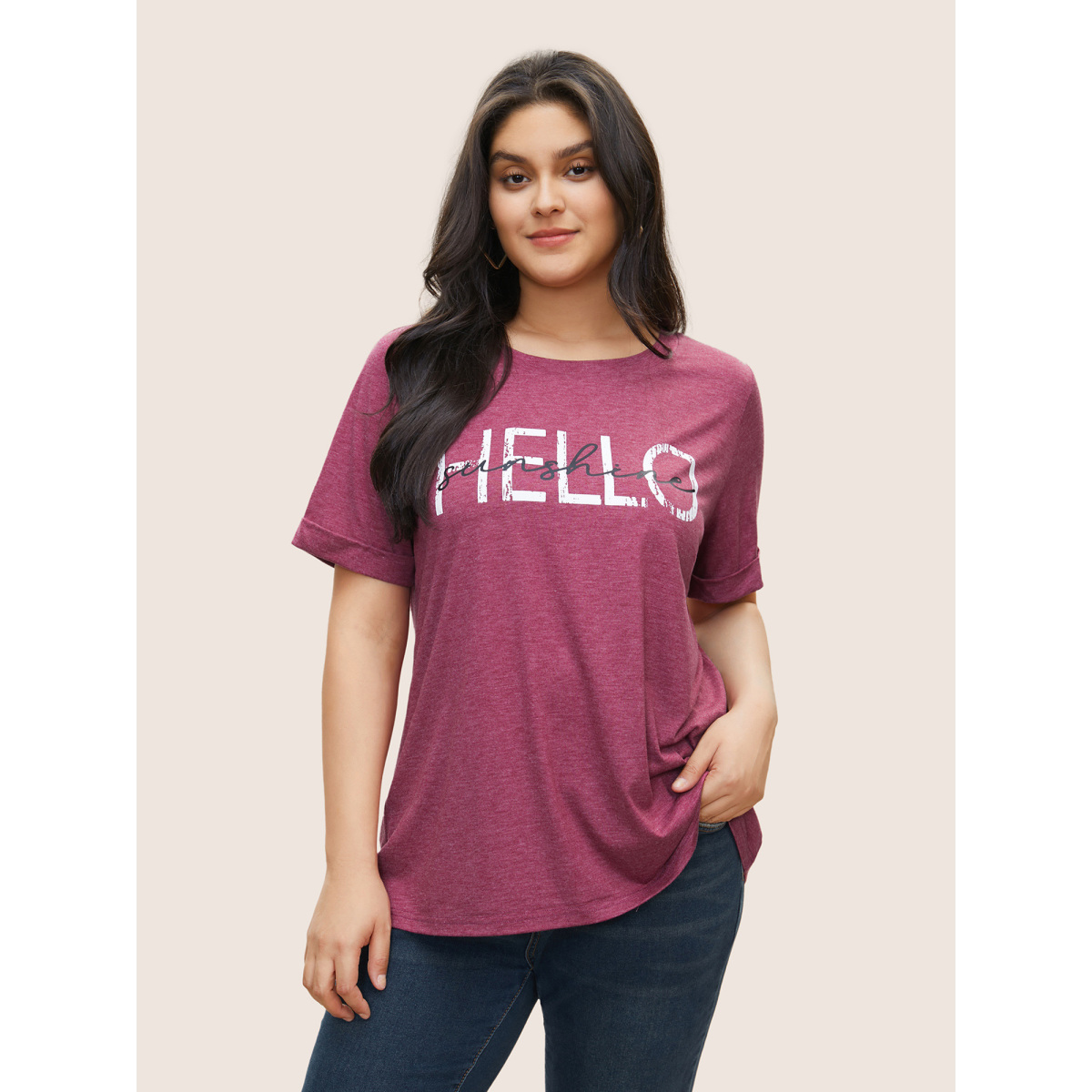

Plus Size Letter Print Round Neck Roll Sleeve T-shirt Burgundy Women Casual Non Positive slogan Round Neck Everyday T-shirts BloomChic