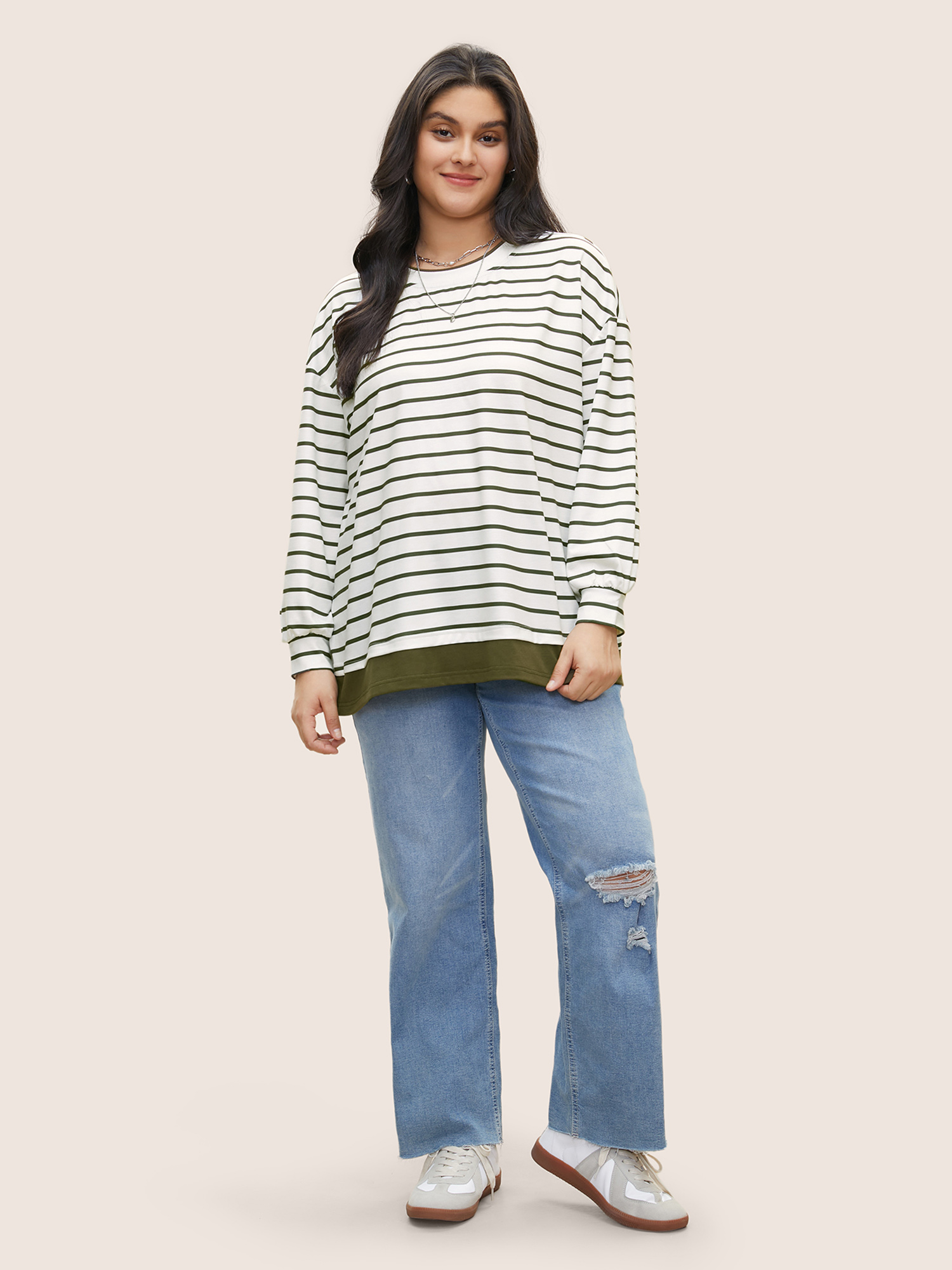 

Plus Size 2-In-1 Contrast Striped Patchwork Sweatshirt Women ArmyGreen Casual Contrast Round Neck Everyday Sweatshirts BloomChic