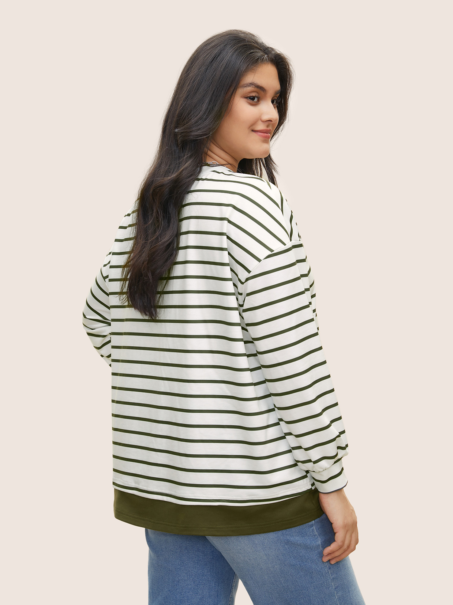 Plus Size 2-In-1 Contrast Striped Patchwork Sweatshirt Women ArmyGreen Casual Contrast Round Neck Everyday Sweatshirts BloomChic 22-24/3X 