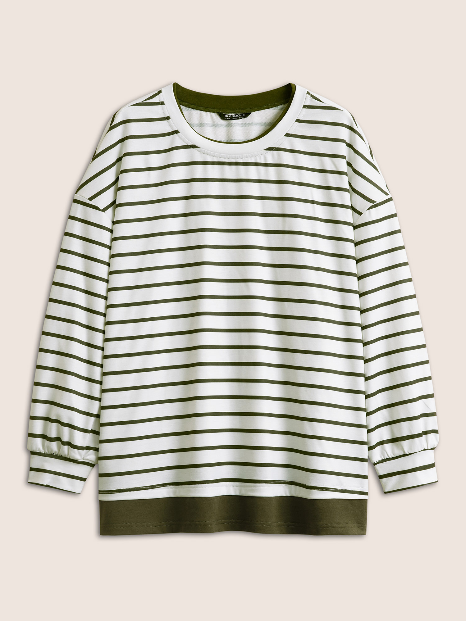 Plus Size 2-In-1 Contrast Striped Patchwork Sweatshirt Women ArmyGreen Casual Contrast Round Neck Everyday Sweatshirts BloomChic 22-24/3X 