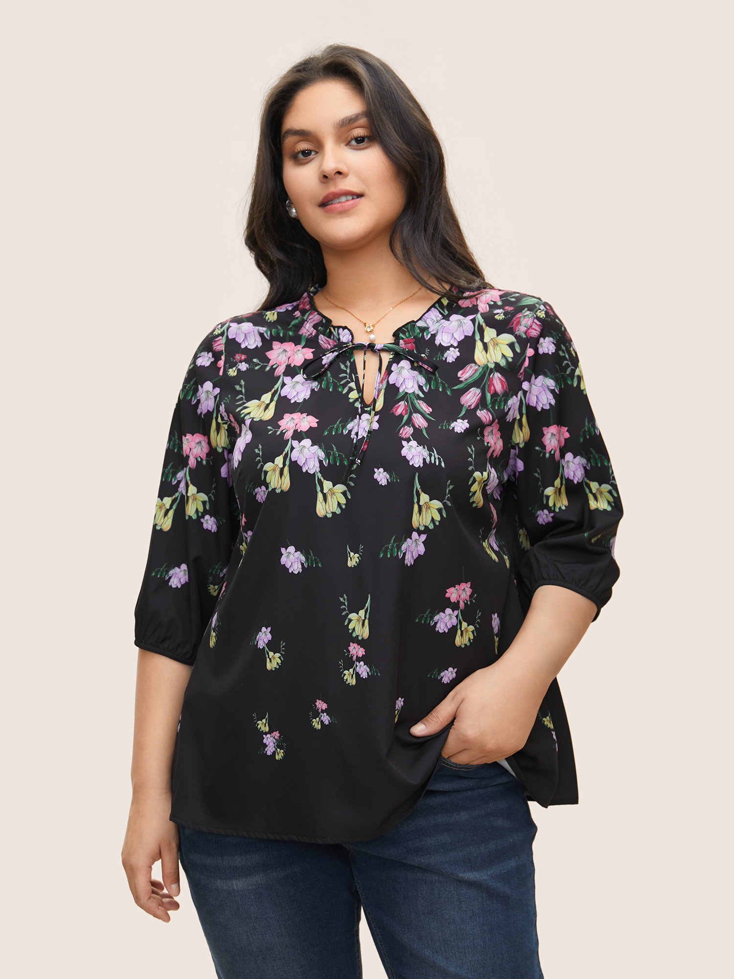 

Plus Size Black Boho Print Tie Neck Frill Trim Blouse Women Elegant Elbow-length sleeve Notched collar Everyday Blouses BloomChic