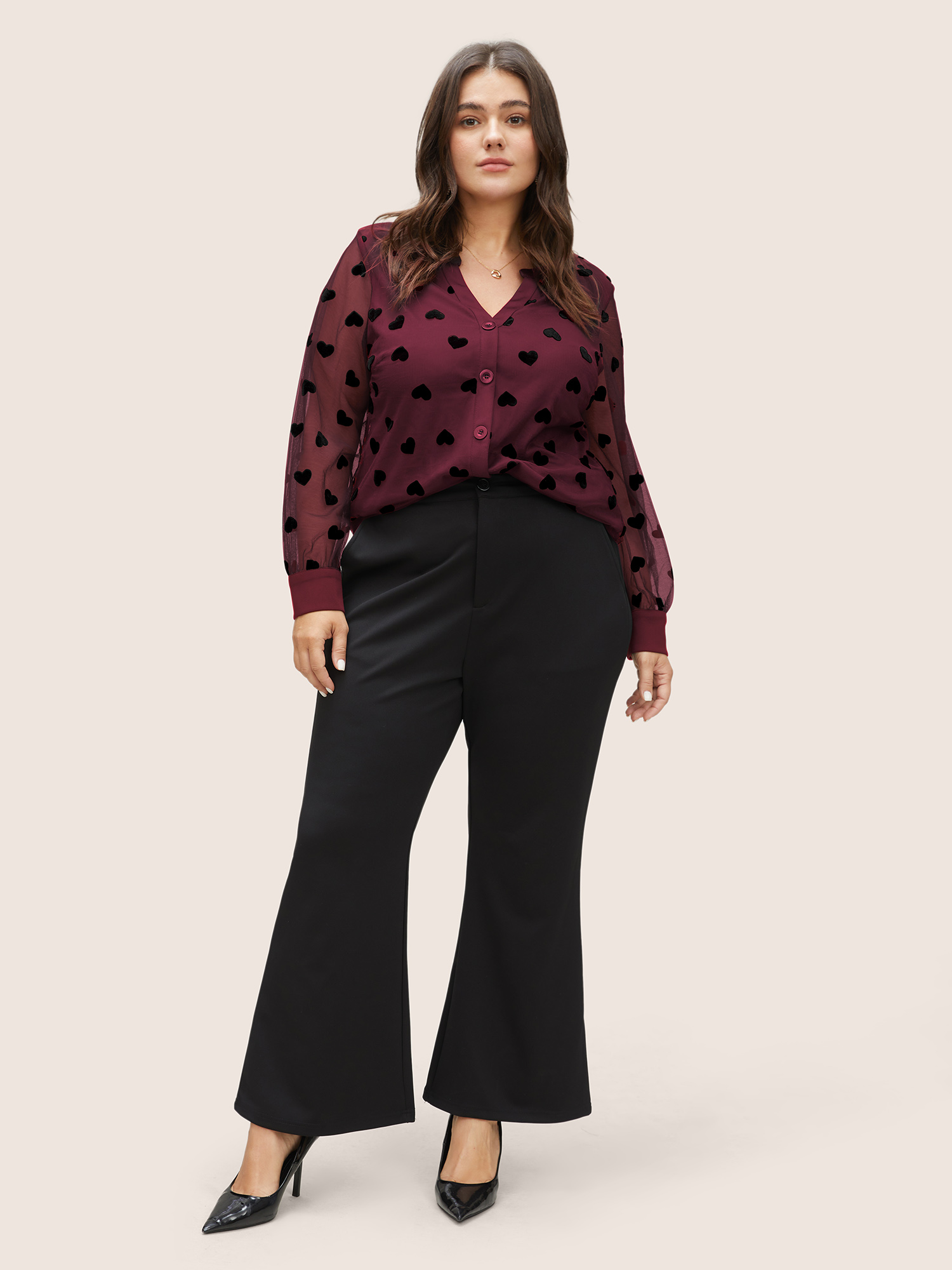Plus Size Scarlet Heart Mesh Patchwork V Neck Blouse Women Cocktail Long Sleeve V-neck Party Blouses BloomChic 30/6X 