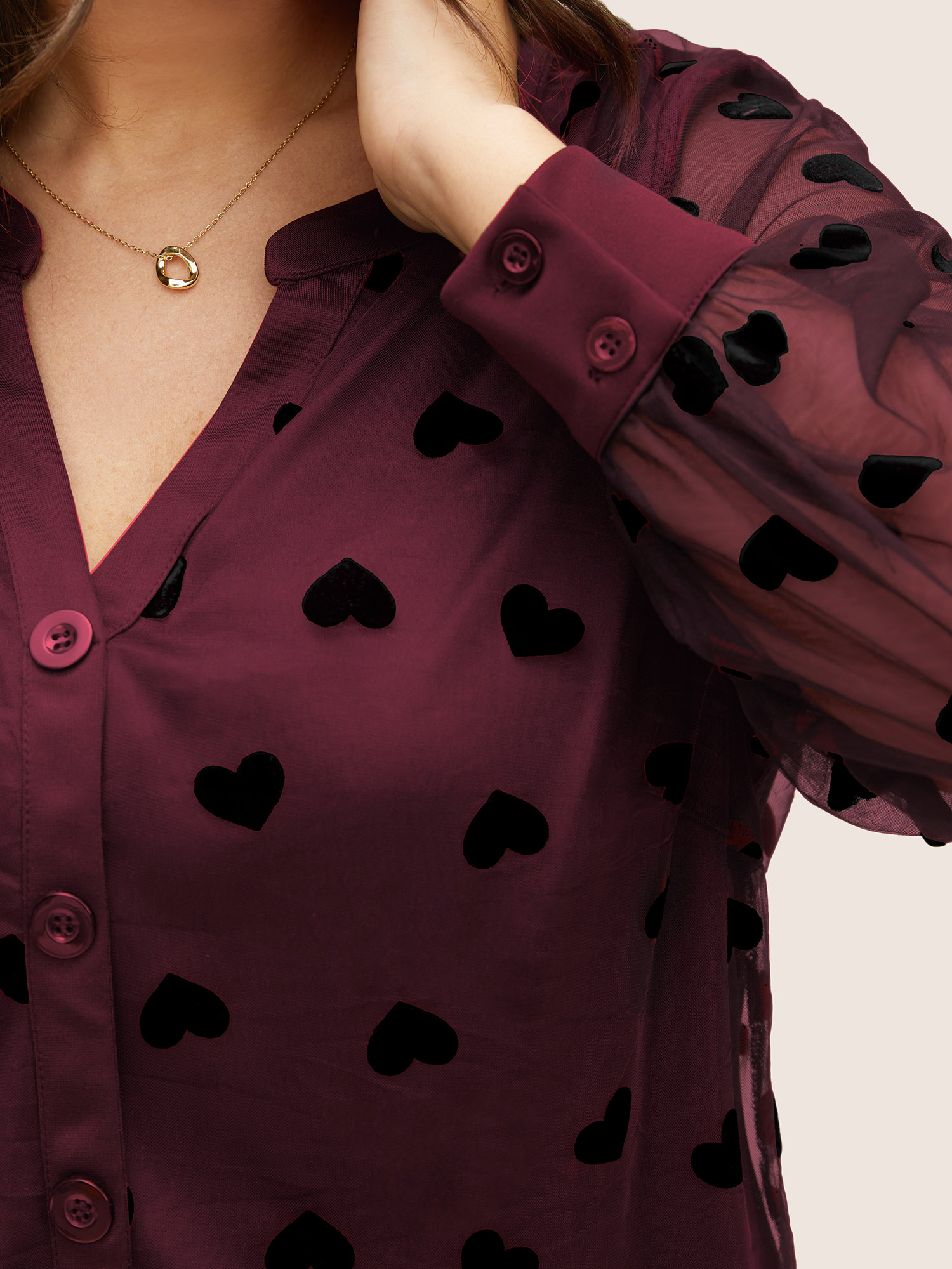 Plus Size Scarlet Heart Mesh Patchwork V Neck Blouse Women Cocktail Long Sleeve V-neck Party Blouses BloomChic 30/6X 