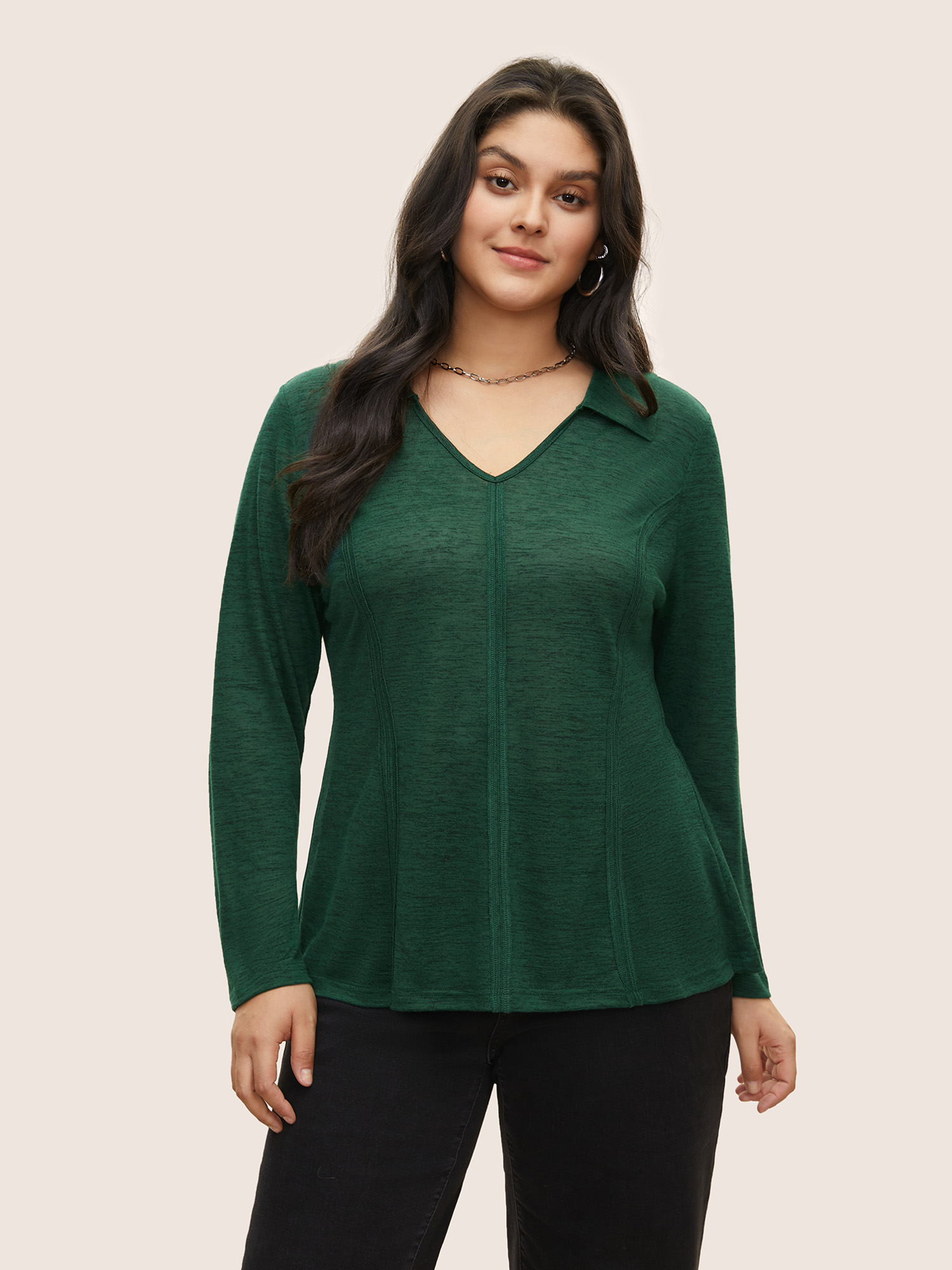 

Plus Size Plain Shirt Collar Heather Texture T-shirt DarkGreen Women Work From Home Patchwork Plain Shirt collar Work T-shirts BloomChic