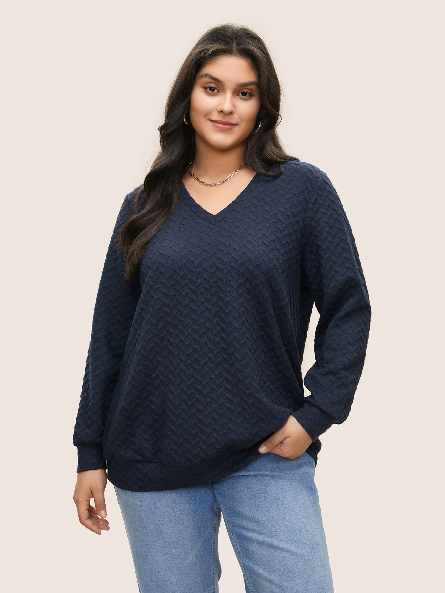 

Plus Size Solid Geometric Jacquard V Neck Sweatshirt Women Navy Casual Non V-neck Everyday Sweatshirts BloomChic