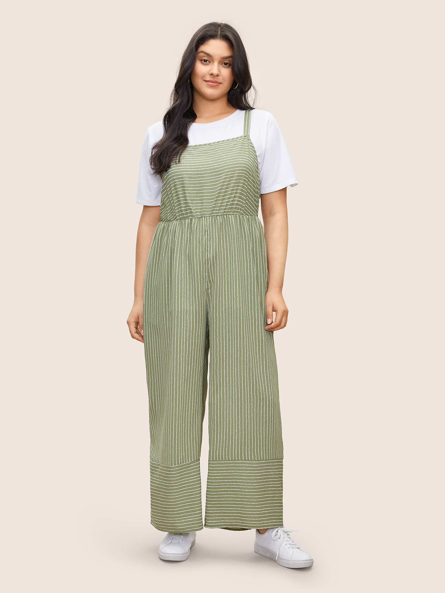 Plus Size Moss Striped Pocket Elastic Waist Cami Jumpsuit Women Casual Sleeveless Non Everyday Loose Jumpsuits BloomChic 12/L 