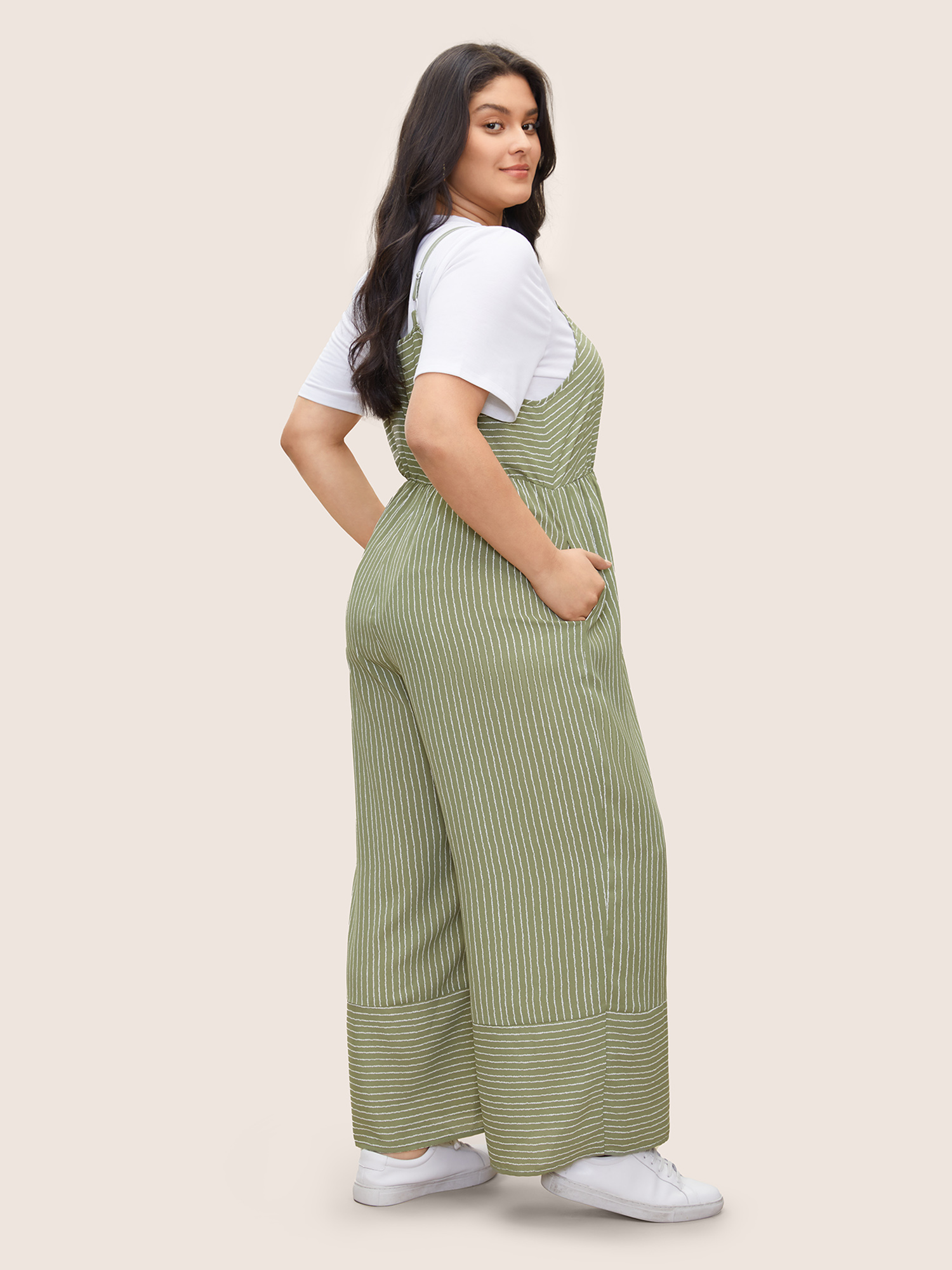 

Plus Size Moss Striped Pocket Elastic Waist Cami Jumpsuit Women Casual Sleeveless Non Everyday Loose Jumpsuits BloomChic