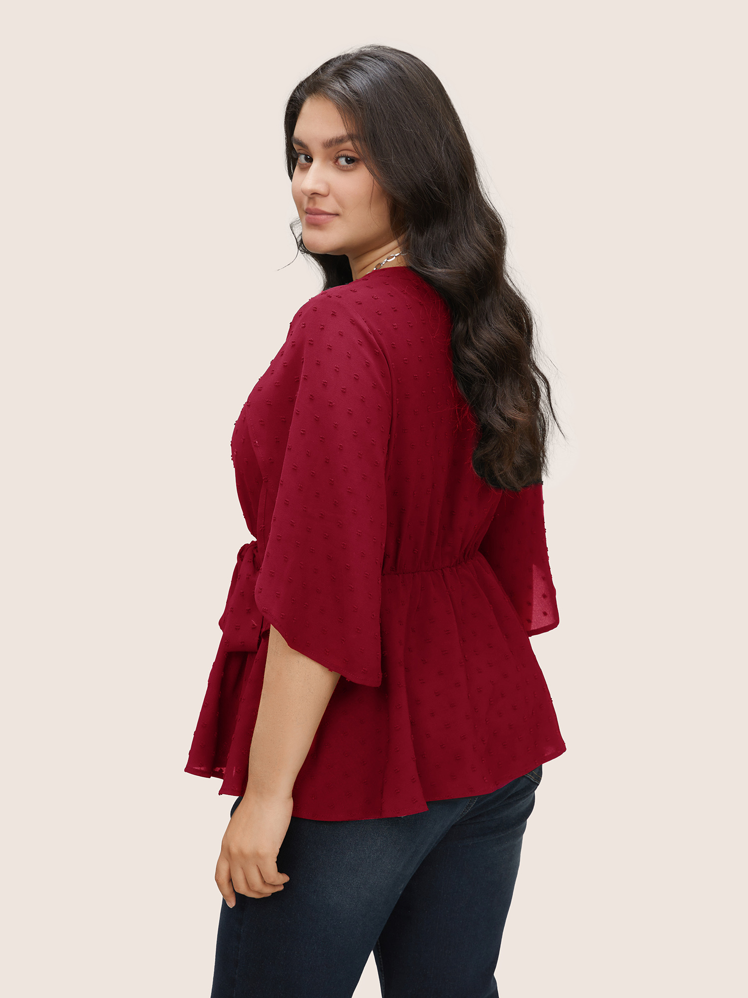 

Plus Size Scarlet Plain Textured Petal Sleeve Ties Blouse Women Work From Home Elbow-length sleeve Flat collar with V-notch Work Blouses BloomChic