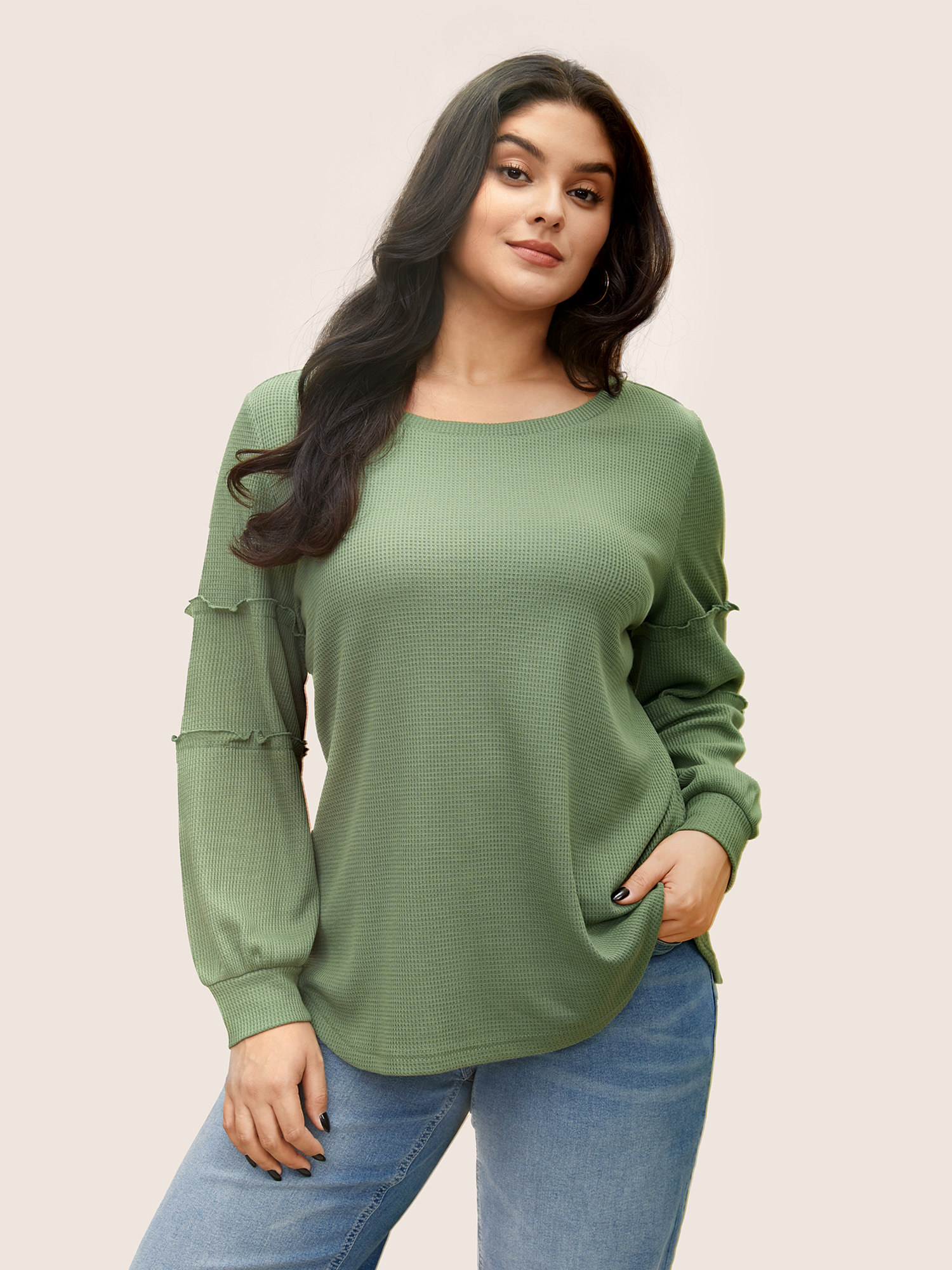 

Plus Size Plain Texture Waffle Knit Arc Hem T-shirt Mint Women Casual Texture Plain Round Neck Everyday T-shirts BloomChic