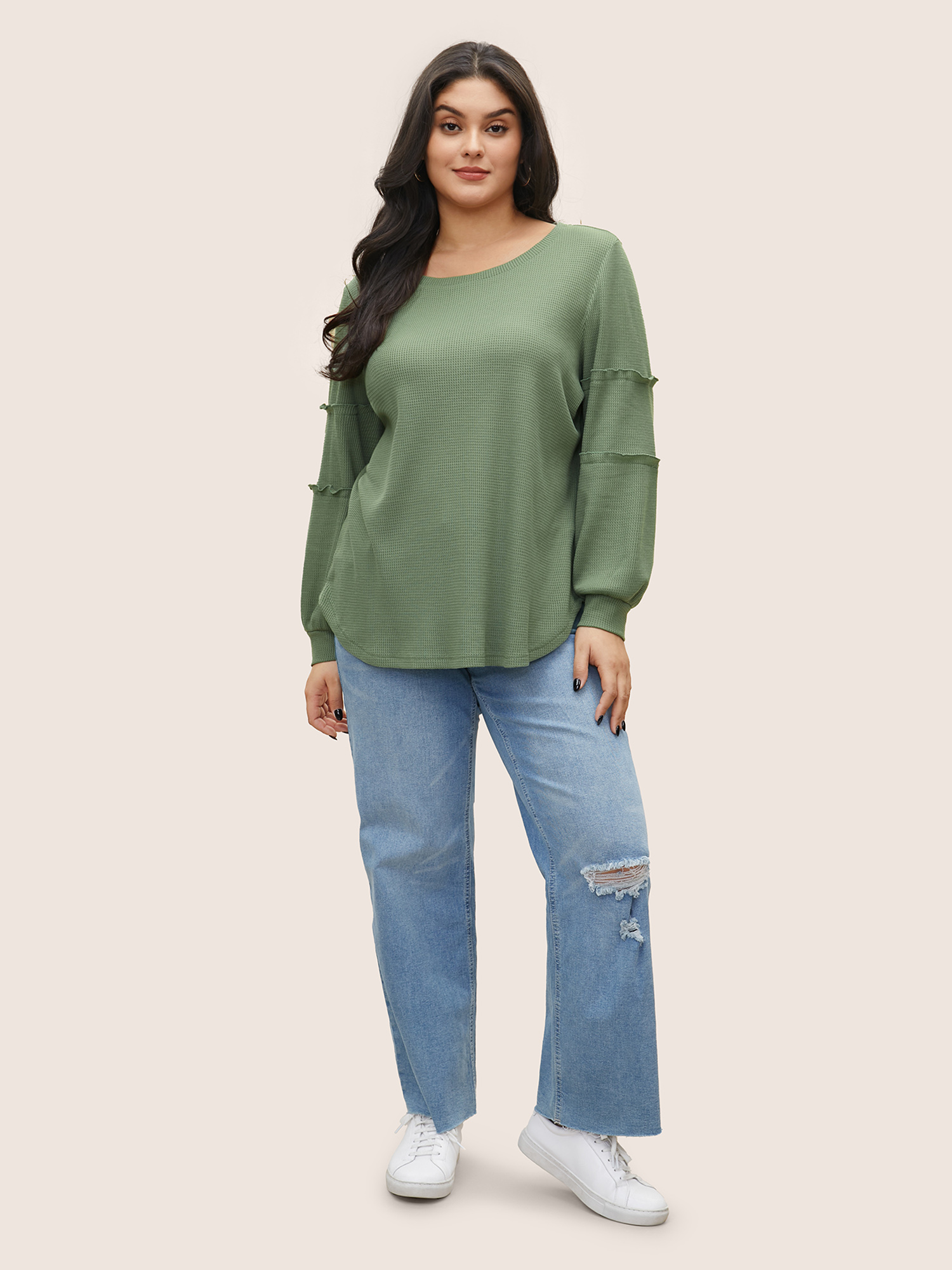 Plus Size Plain Texture Waffle Knit Arc Hem T-shirt Mint Women Casual Texture Plain Round Neck Everyday T-shirts BloomChic 26/4X 