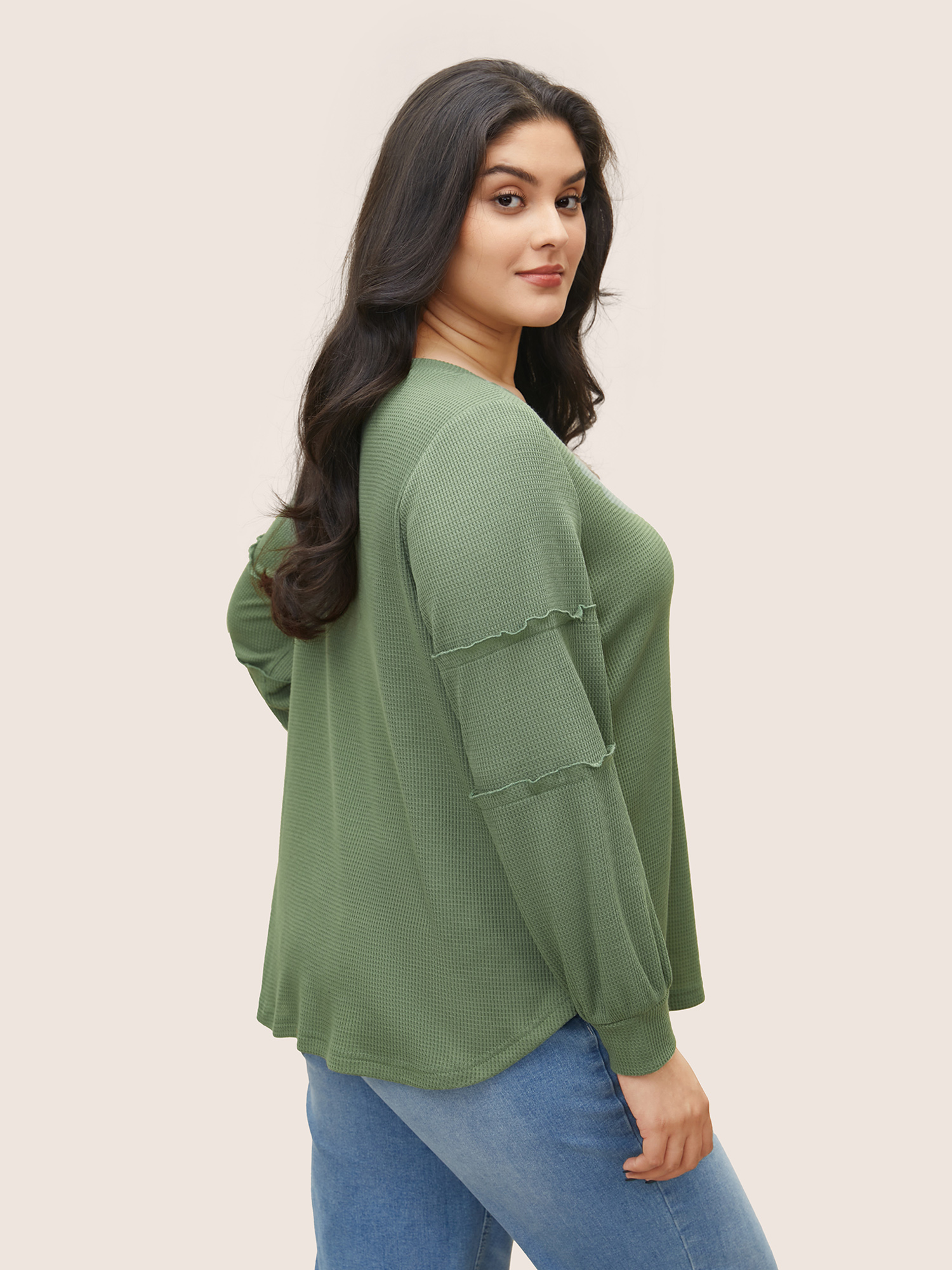 Plus Size Plain Texture Waffle Knit Arc Hem T-shirt Mint Women Casual Texture Plain Round Neck Everyday T-shirts BloomChic 26/4X 