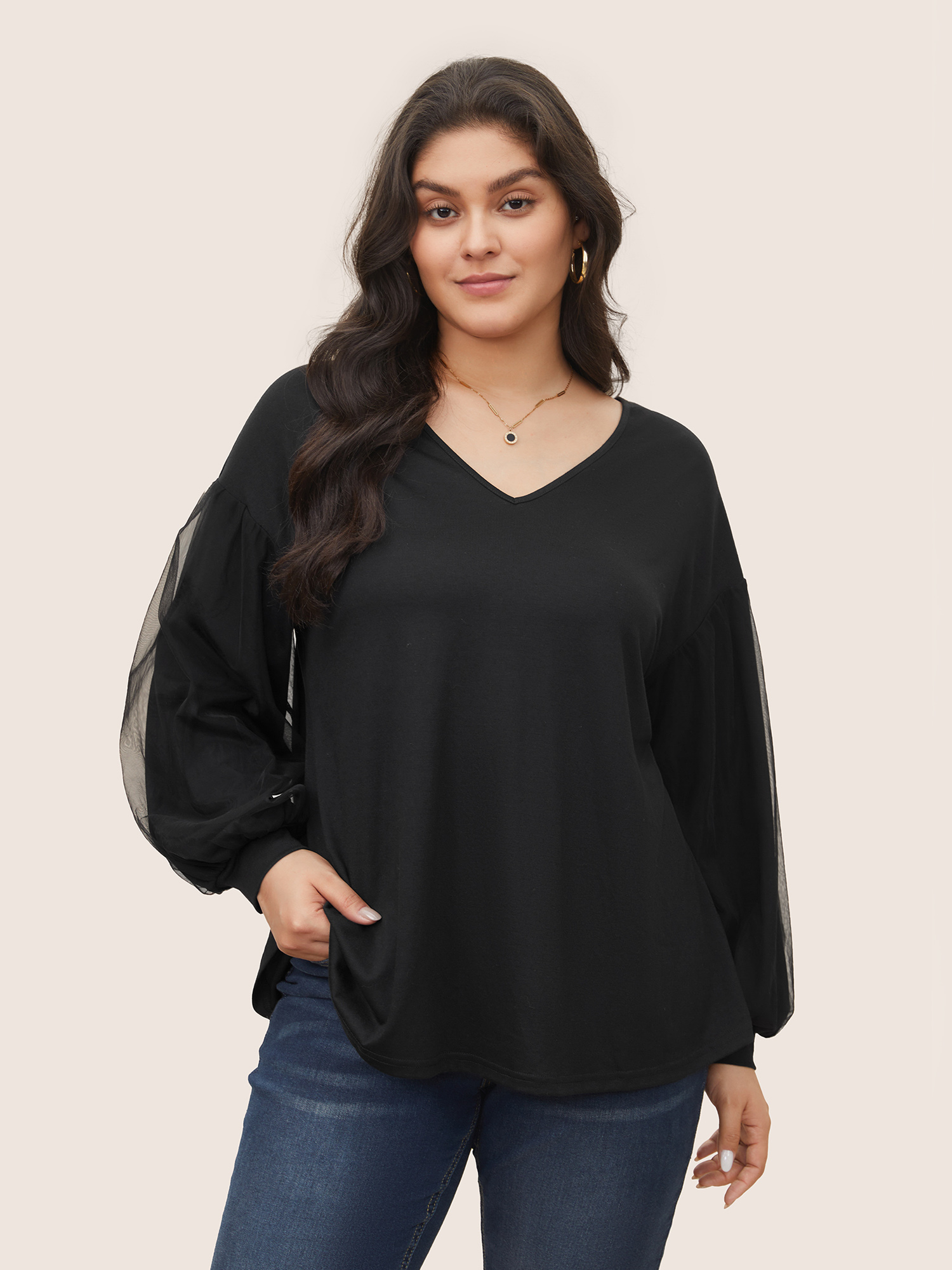 Plus Size Women Everyday Plain Plain Lantern Sleeve Long Sleeve V-neck Elegant T-shirts BloomChic 