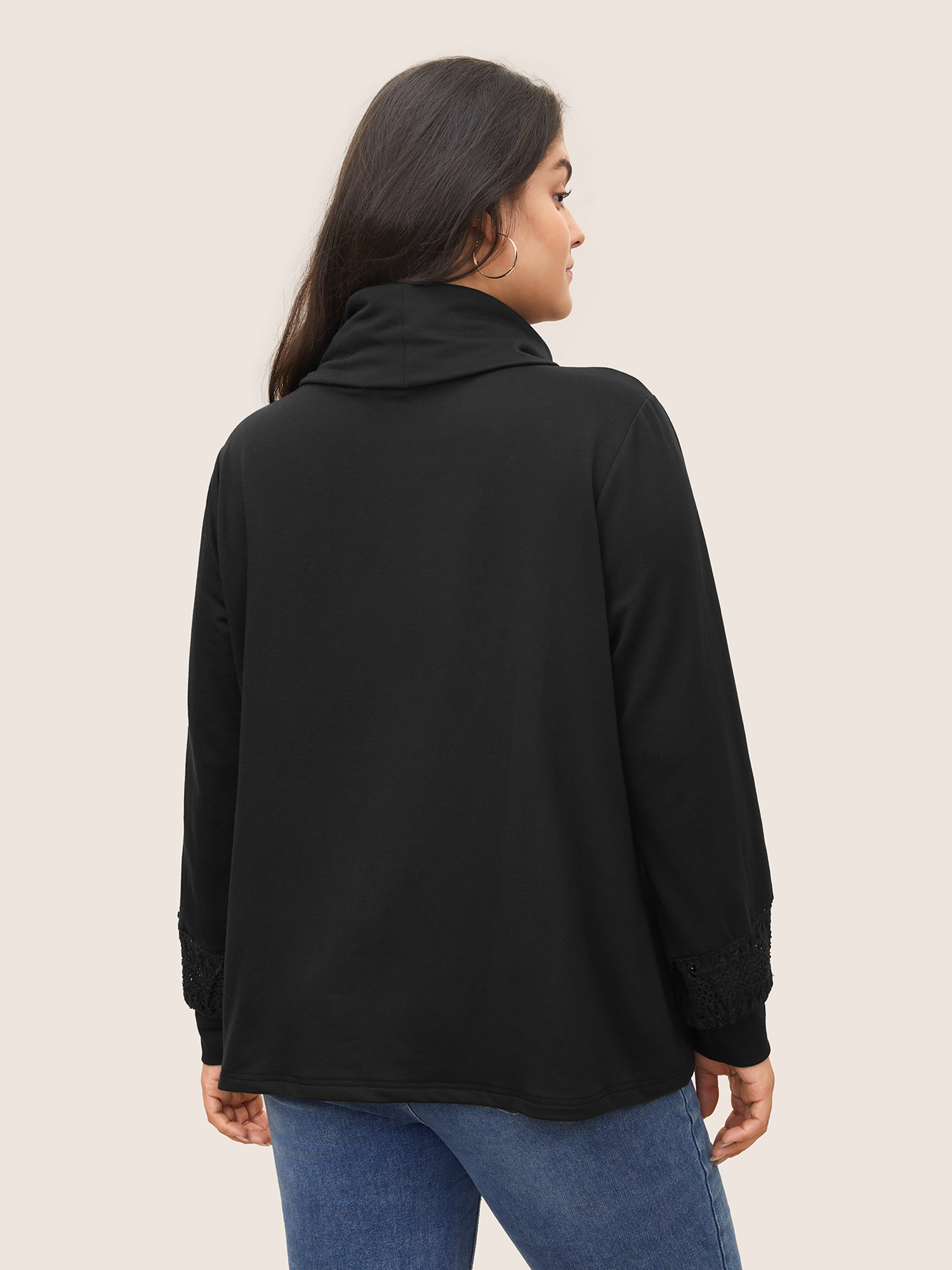

Plus Size Plain Turtle Neck Crochet Lace Sweatshirt Women Black Casual Non Turtleneck Everyday Sweatshirts BloomChic