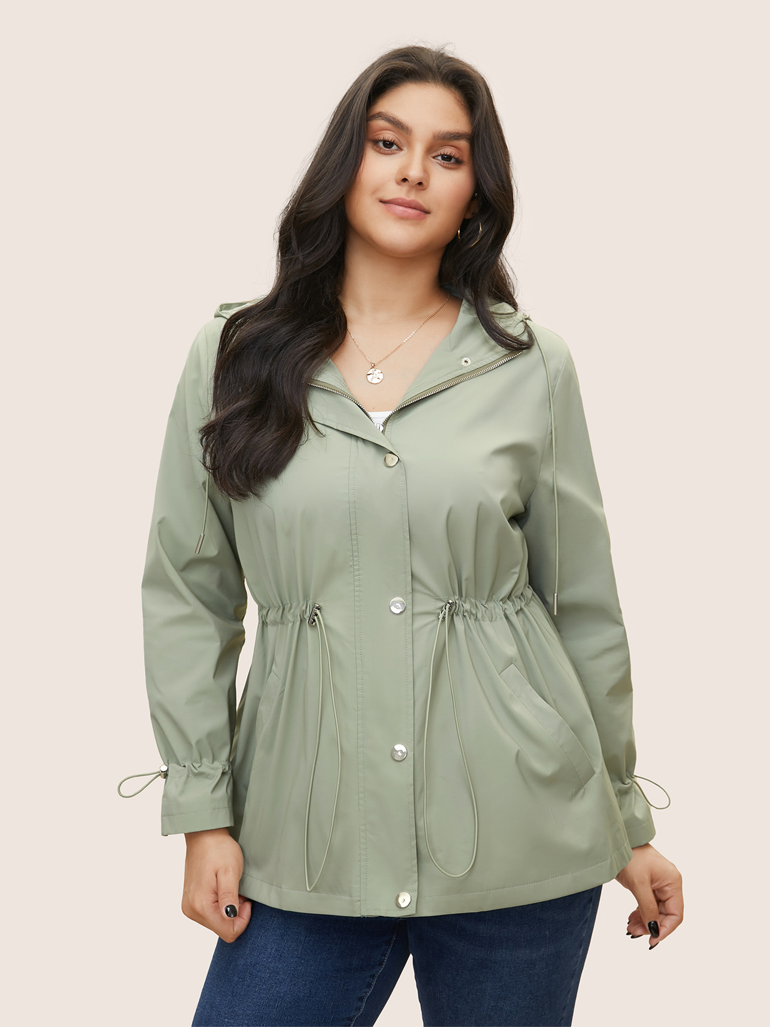 Plus Size Solid Sun Proof Drawstring Pocket Hooded Jacket Women Mint Non Slanted pocket Everyday Jackets BloomChic 18-20/2X 