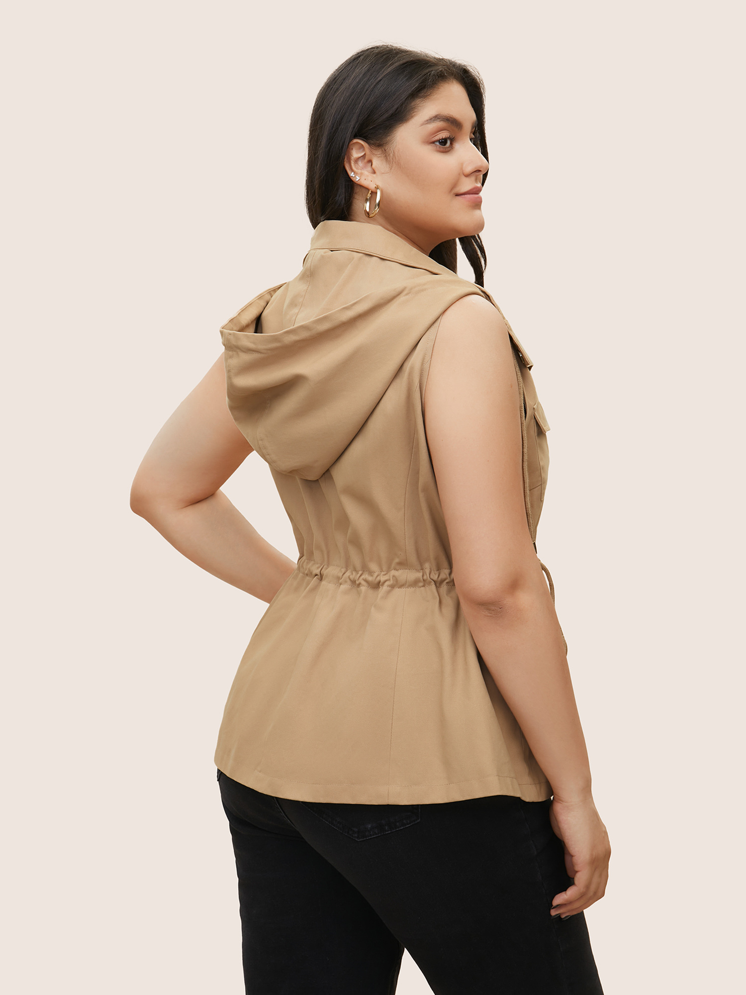 

Plus Size Solid Hooded Patched Pocket Drawstring Vest Tan Casual Non Everyday Vests  Bloomchic