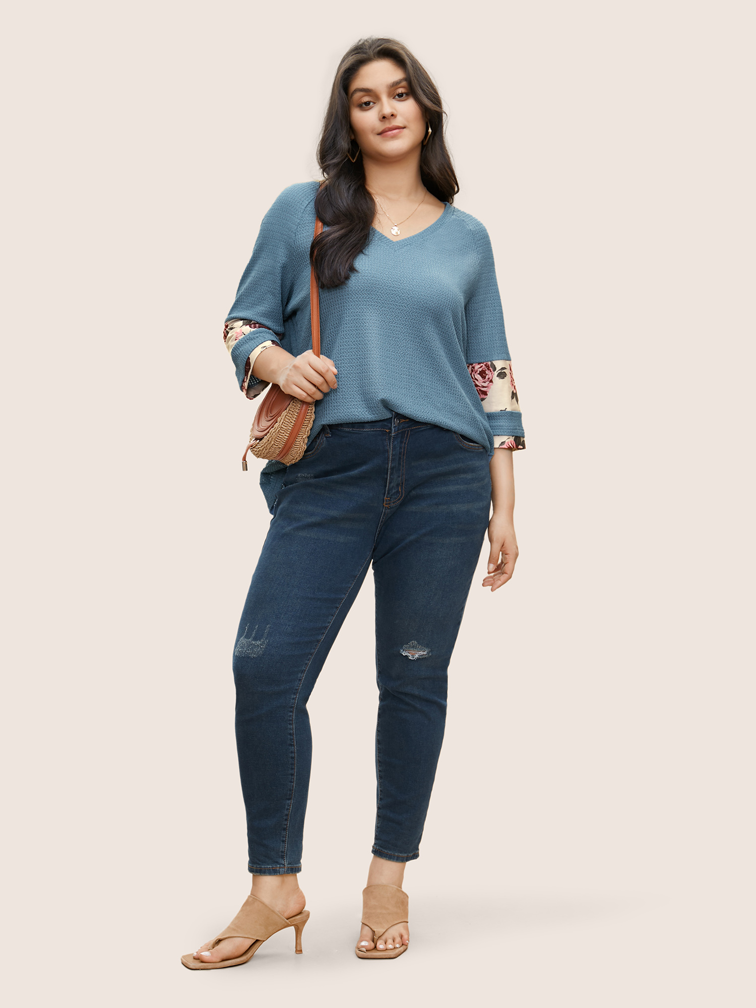 Plus Size Textured Patchwork Floral Raglan Sleeve T-shirt Stone Women Resort Texture Floral V-neck Vacation T-shirts BloomChic 18-20/2X 