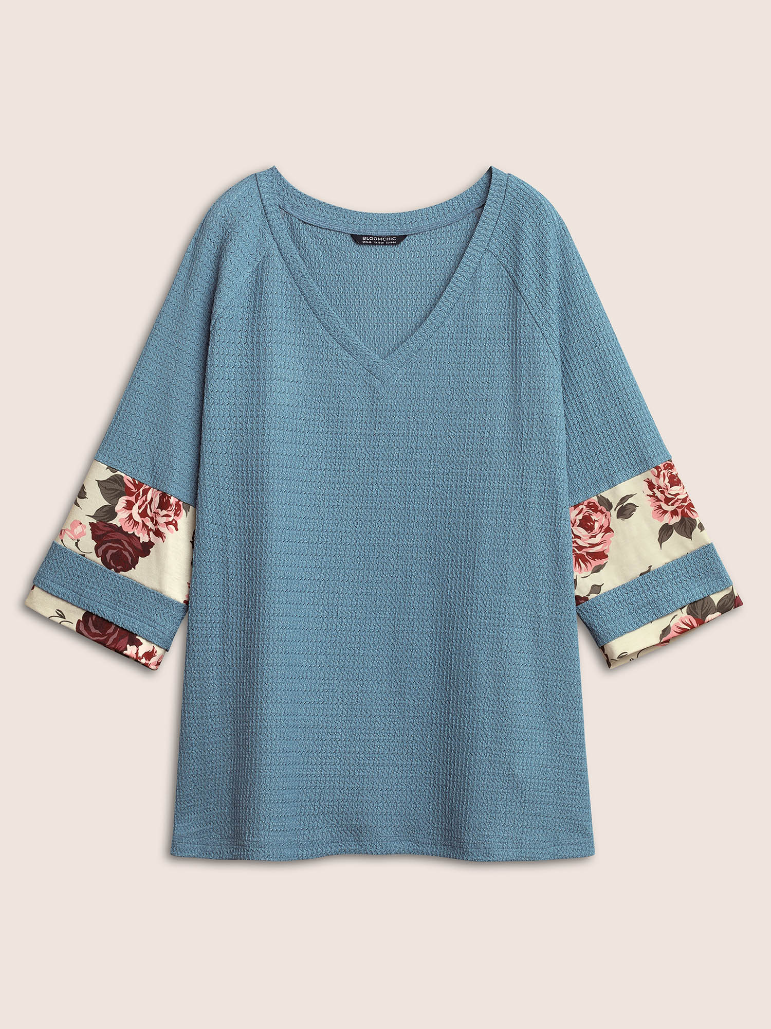 Plus Size Textured Patchwork Floral Raglan Sleeve T-shirt Stone Women Resort Texture Floral V-neck Vacation T-shirts BloomChic 18-20/2X 