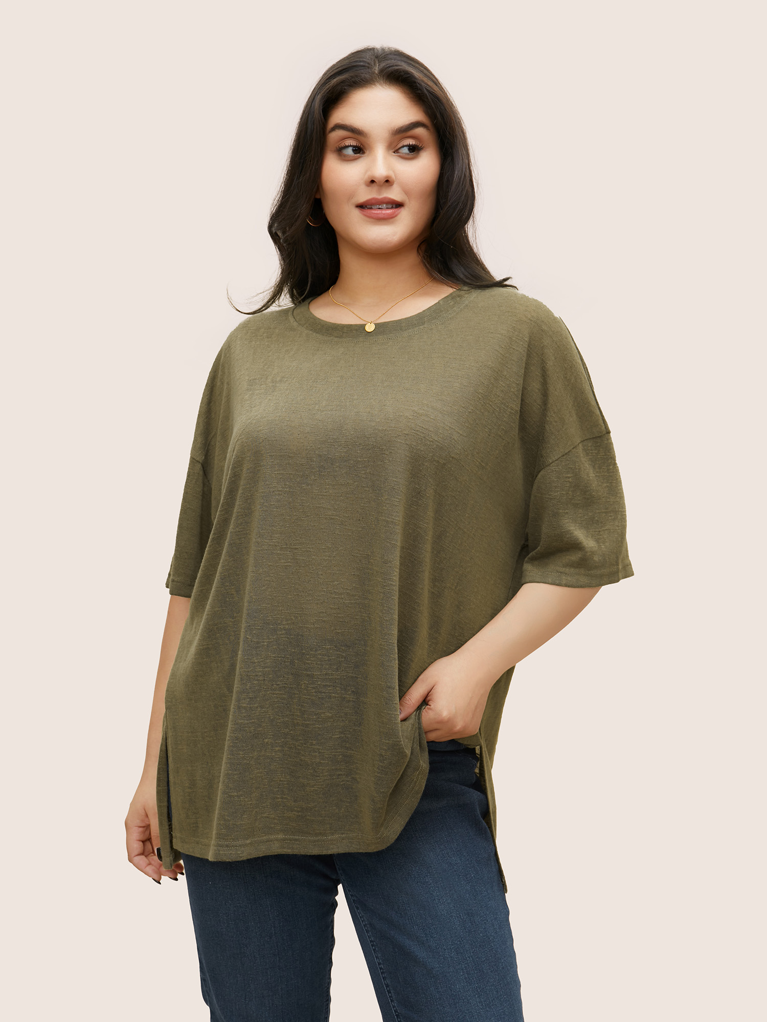 

Plus Size Solid Drop Shoulder Split Hem T-shirt ArmyGreen Women Casual Non Plain Round Neck Everyday T-shirts BloomChic