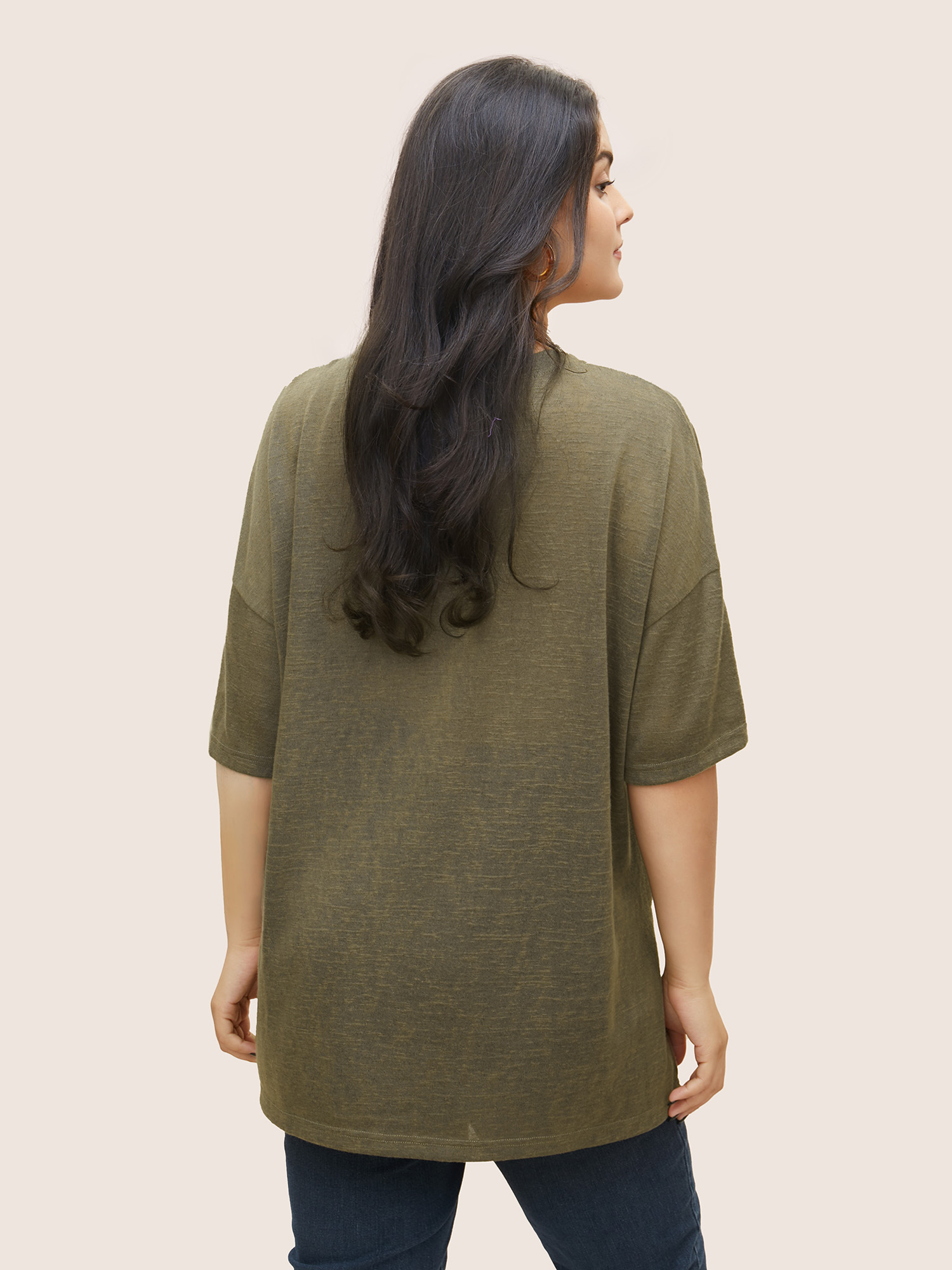 Plus Size Solid Drop Shoulder Split Hem T-shirt ArmyGreen Women Casual Non Plain Round Neck Everyday T-shirts BloomChic 30/6X 