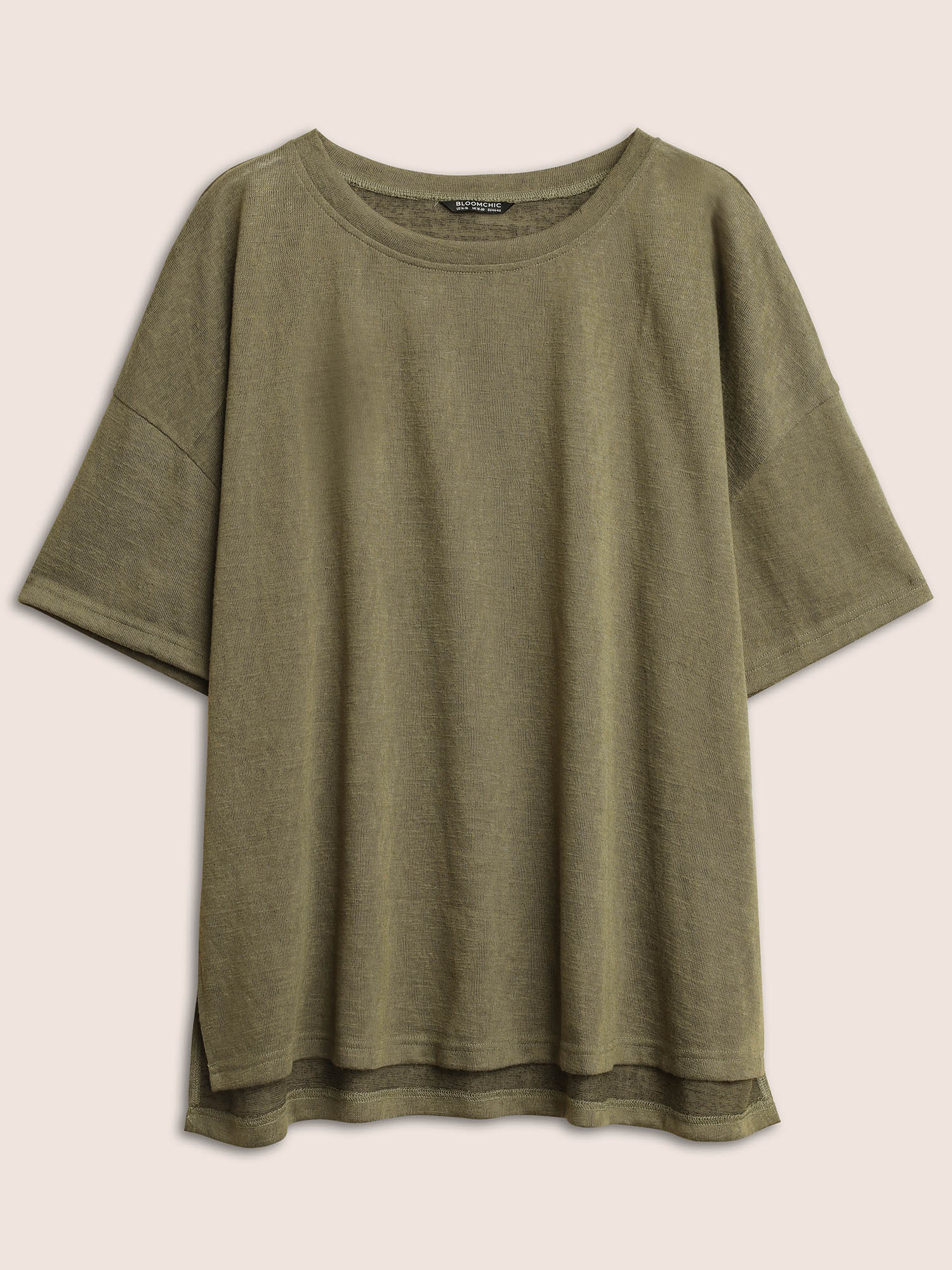 Plus Size Solid Drop Shoulder Split Hem T-shirt ArmyGreen Women Casual Non Plain Round Neck Everyday T-shirts BloomChic 30/6X 