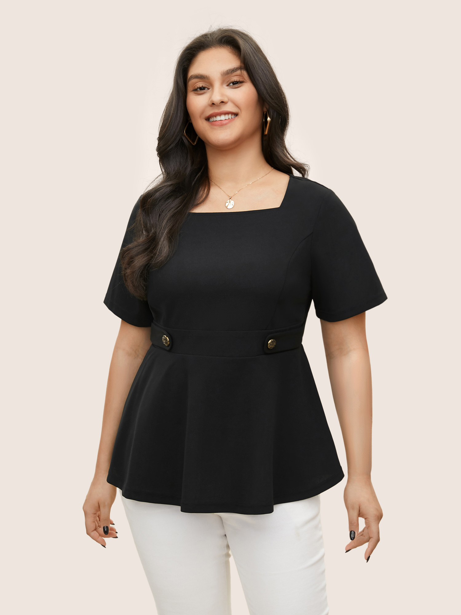 

Plus Size Black Square Neck Waist Tab Gathered Blouse Women Workwear Essentials Short sleeve Square Neck Work Blouses BloomChic