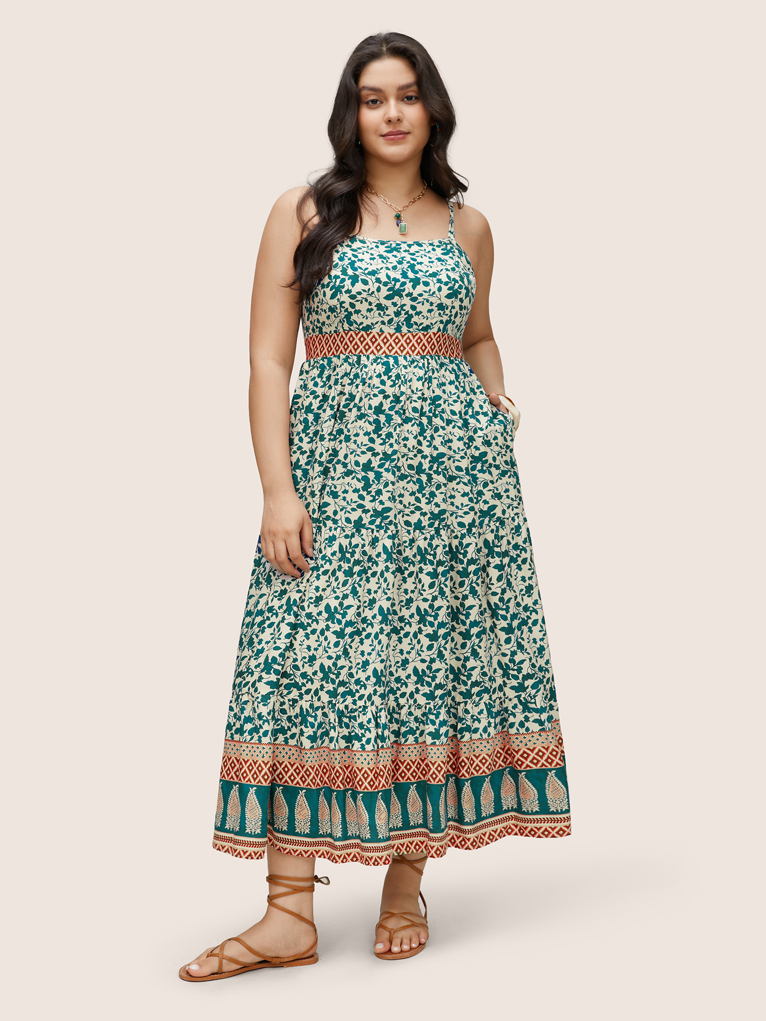 

Plus Size Boho Print Patchwork Adjustable Straps Cami Dress Emerald Women Resort Non Spaghetti Strap Sleeveless Curvy Midi Dress BloomChic