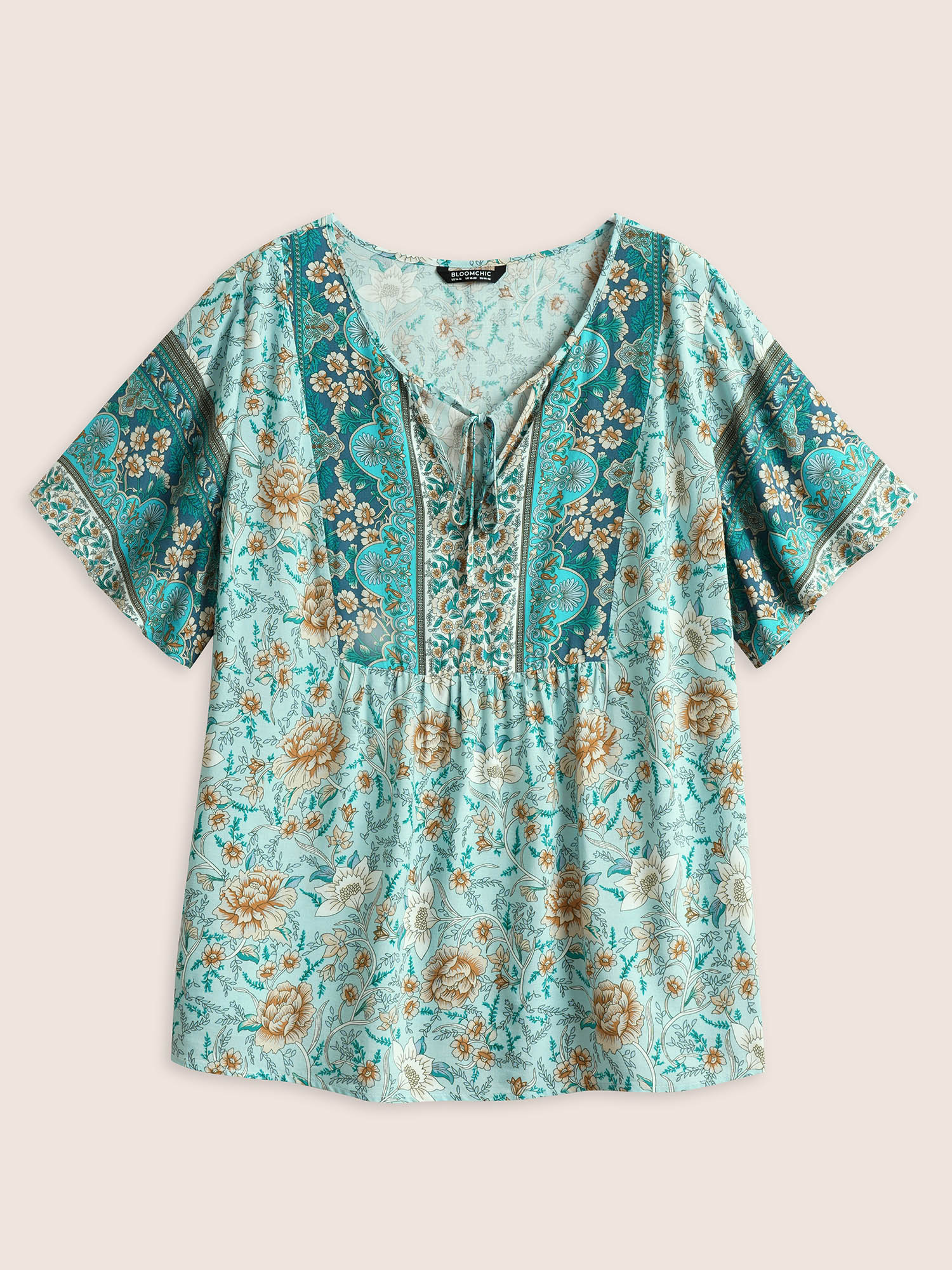 

Plus Size Cerulean Boho Print Tie Neck Gathered Blouse Women Resort Half Sleeve Notched collar Vacation Blouses BloomChic
