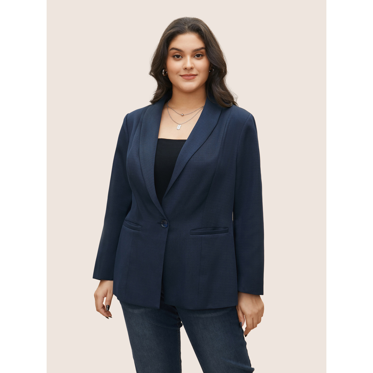 

Plus Size Suit Collar Solid Pocket Button Up Blazer Indigo Women Work Plain Non  Single-flap pocket Workwear Essentials Blazers BloomChic