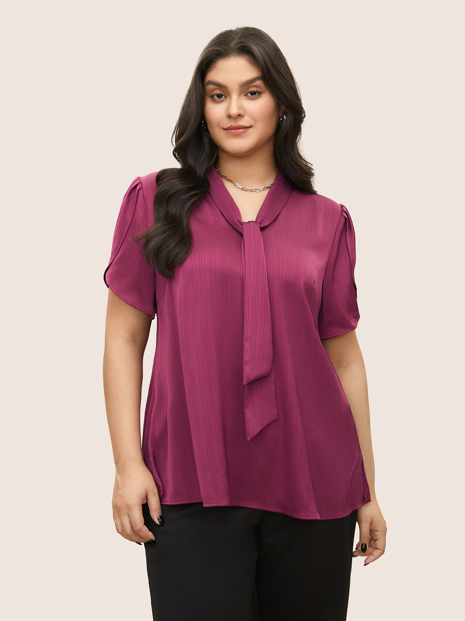 

Plus Size Purple Solid Textured Tie Neck Petal Sleeve Blouse Women At the Office Short sleeve Ribbon-tied collar Work Blouses BloomChic