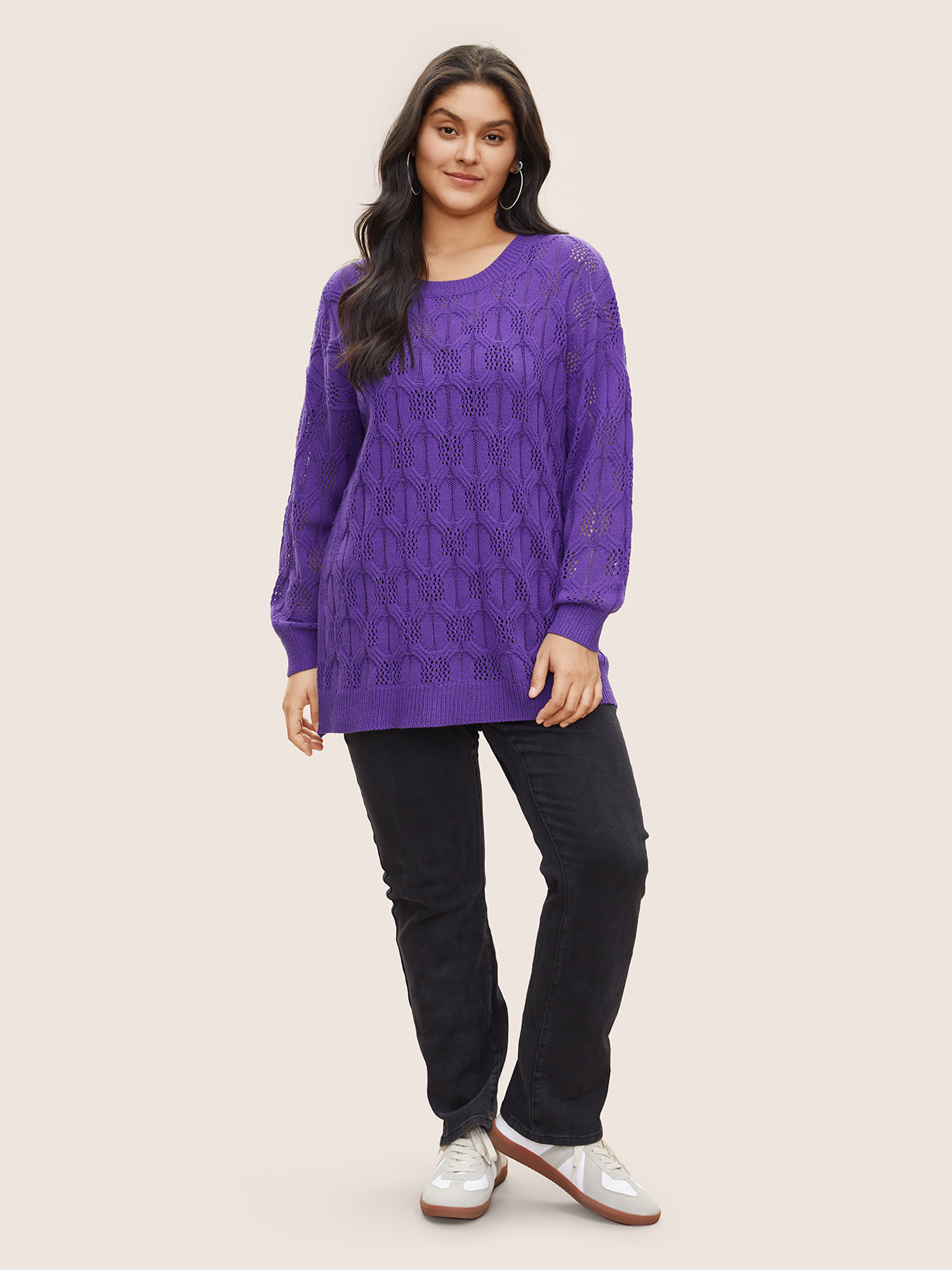 Plus Size Plain Drop Shoulder Geometric Hollow Out Pullover Purple Long Sleeve Round Neck Casual Knit Tops 12/L Bloomchic 