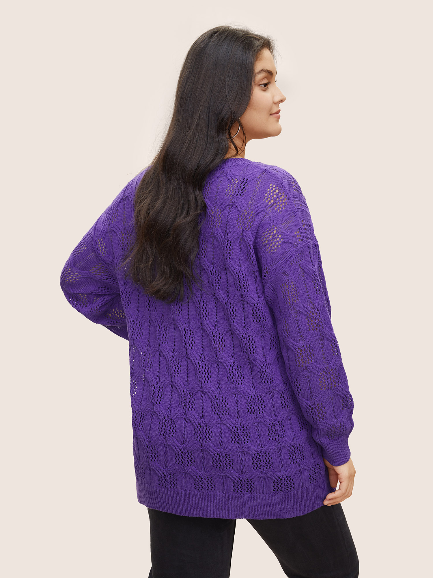 Plus Size Plain Drop Shoulder Geometric Hollow Out Pullover Purple Long Sleeve Round Neck Casual Knit Tops 12/L Bloomchic 