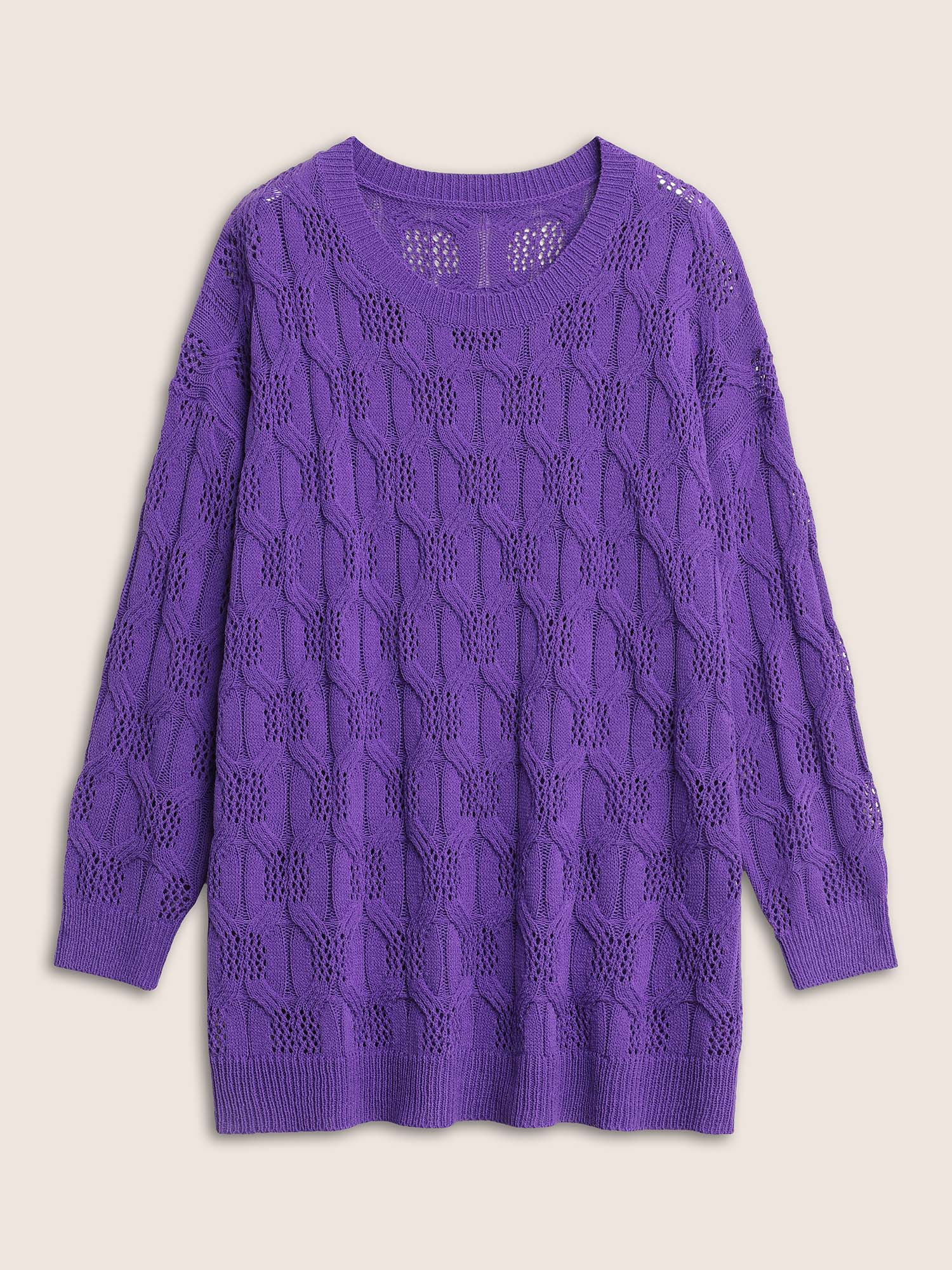 Plus Size Plain Drop Shoulder Geometric Hollow Out Pullover Purple Long Sleeve Round Neck Casual Knit Tops 12/L Bloomchic 