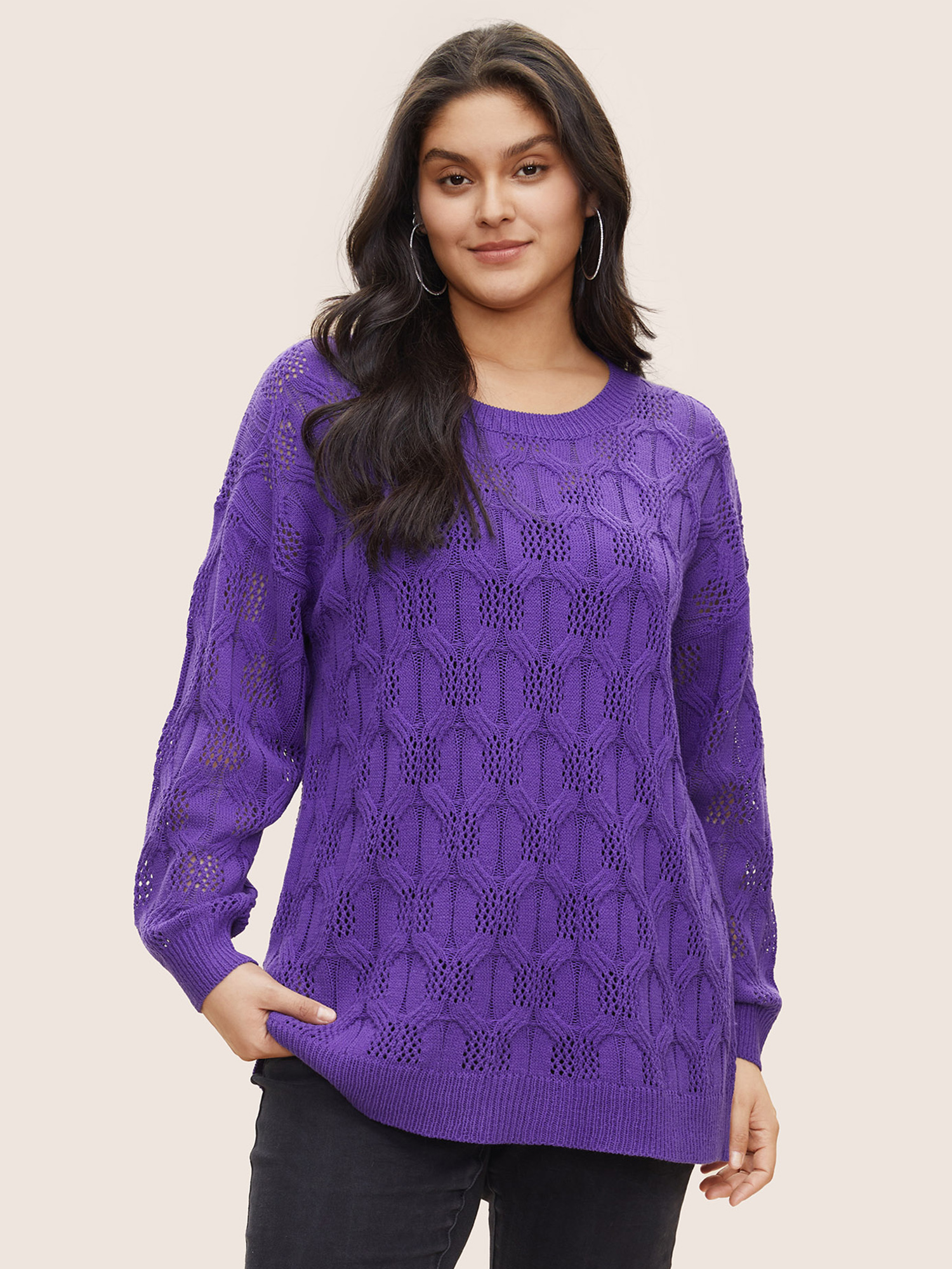 Plus Size Plain Drop Shoulder Geometric Hollow Out Pullover Purple Long Sleeve Round Neck Casual Knit Tops 12/L Bloomchic