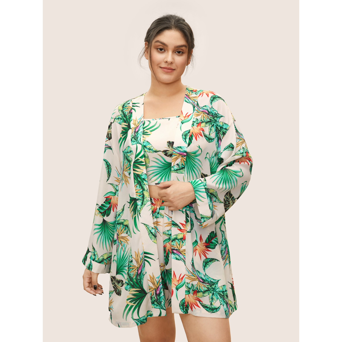 

Plus Size Tropical Print Contrast Open Front Robe Mint Tropical Non Everyday Lounge Robes/Robes Sets  Bloomchic