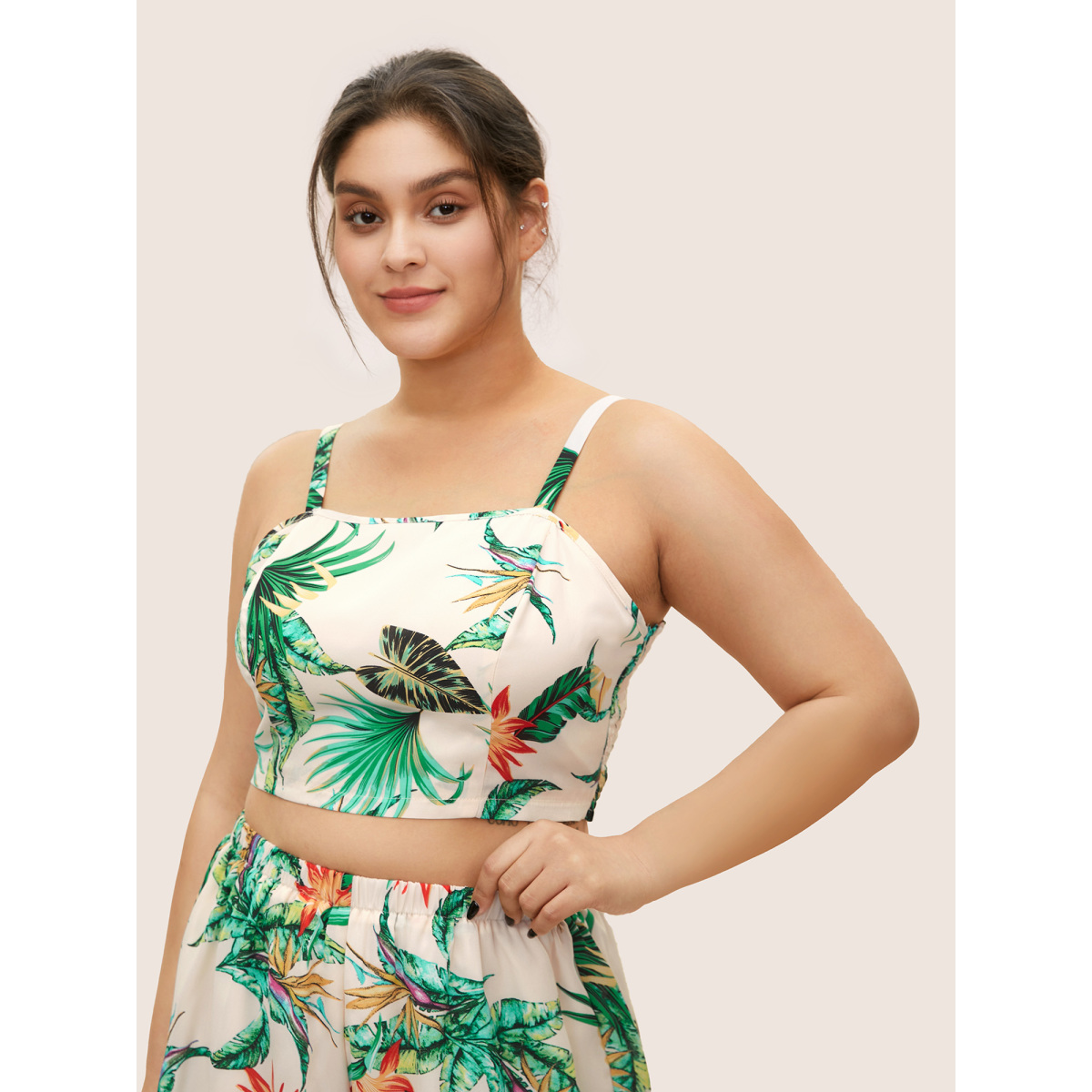 

Plus Size Tropical Print Contrast Shirred Cami Sleep Top Mint Tropical U-neck Everyday Lounge  Bloomchic