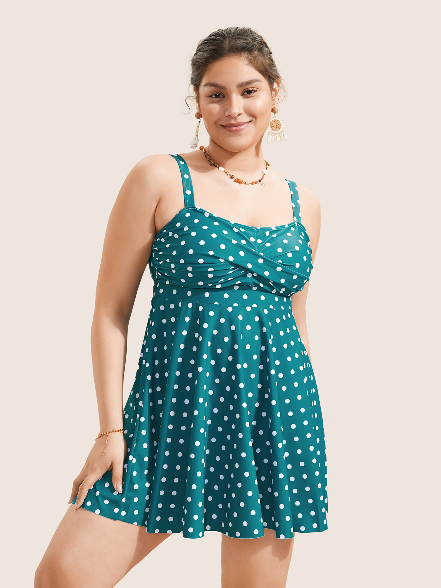 

Plus Size Polka Dot Ruched Fit Flare Swim Dress Women's Swimwear Teal Beach Bodycon Strapless High stretch Curve Swim Dresses BloomChic