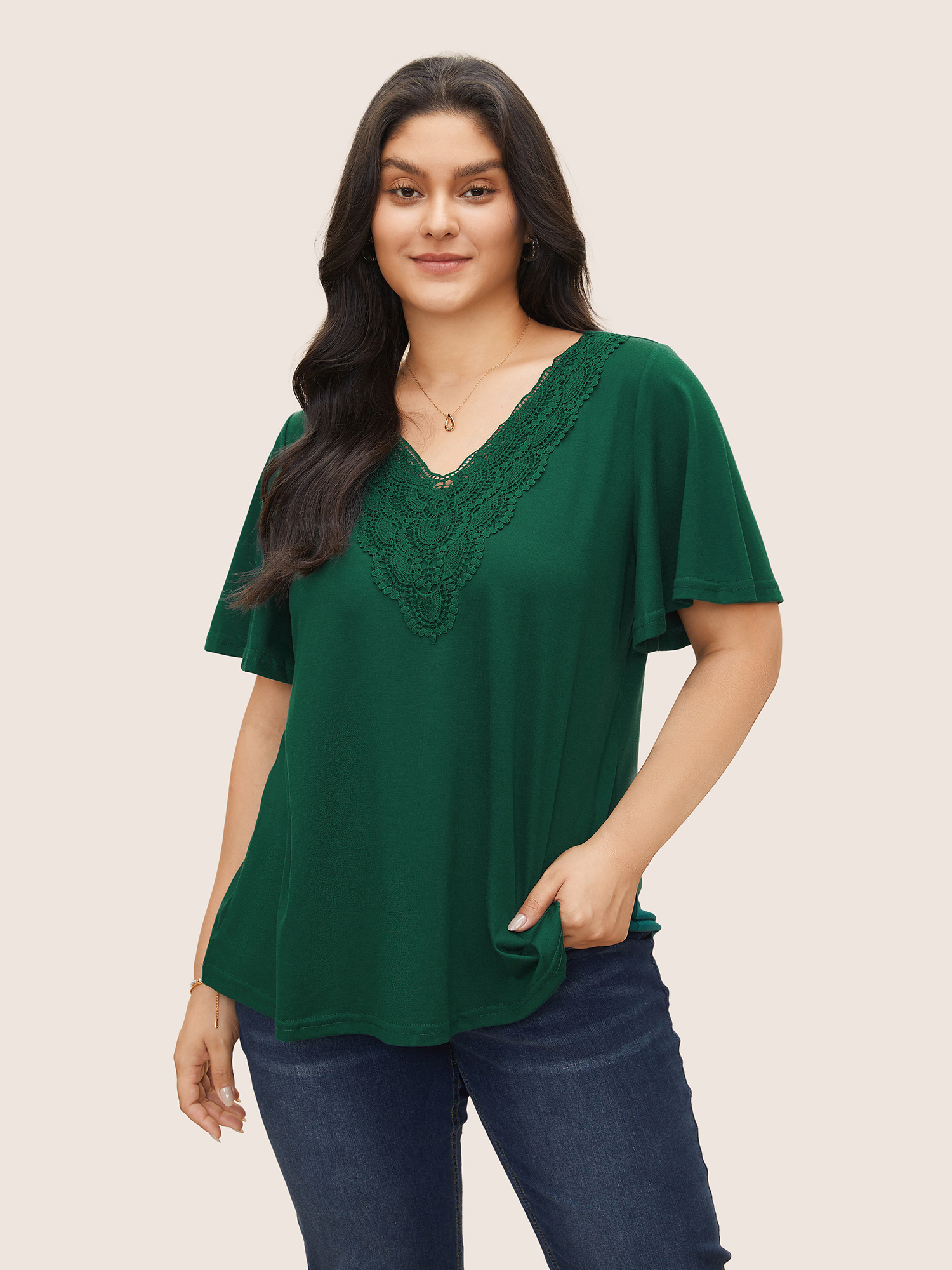 

Plus Size Solid Ruffle Sleeve Lace V Neck T-shirt DarkGreen V-neck Short sleeve Elegant Jersey Tops