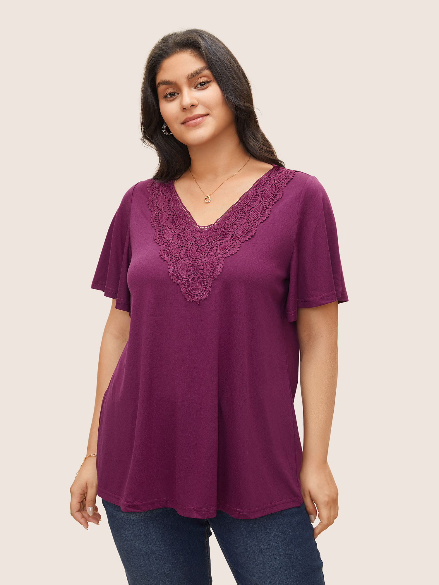 

Plus Size Solid Ruffle Sleeve Lace V Neck T-shirt Purple V-neck Short sleeve Elegant Jersey Tops