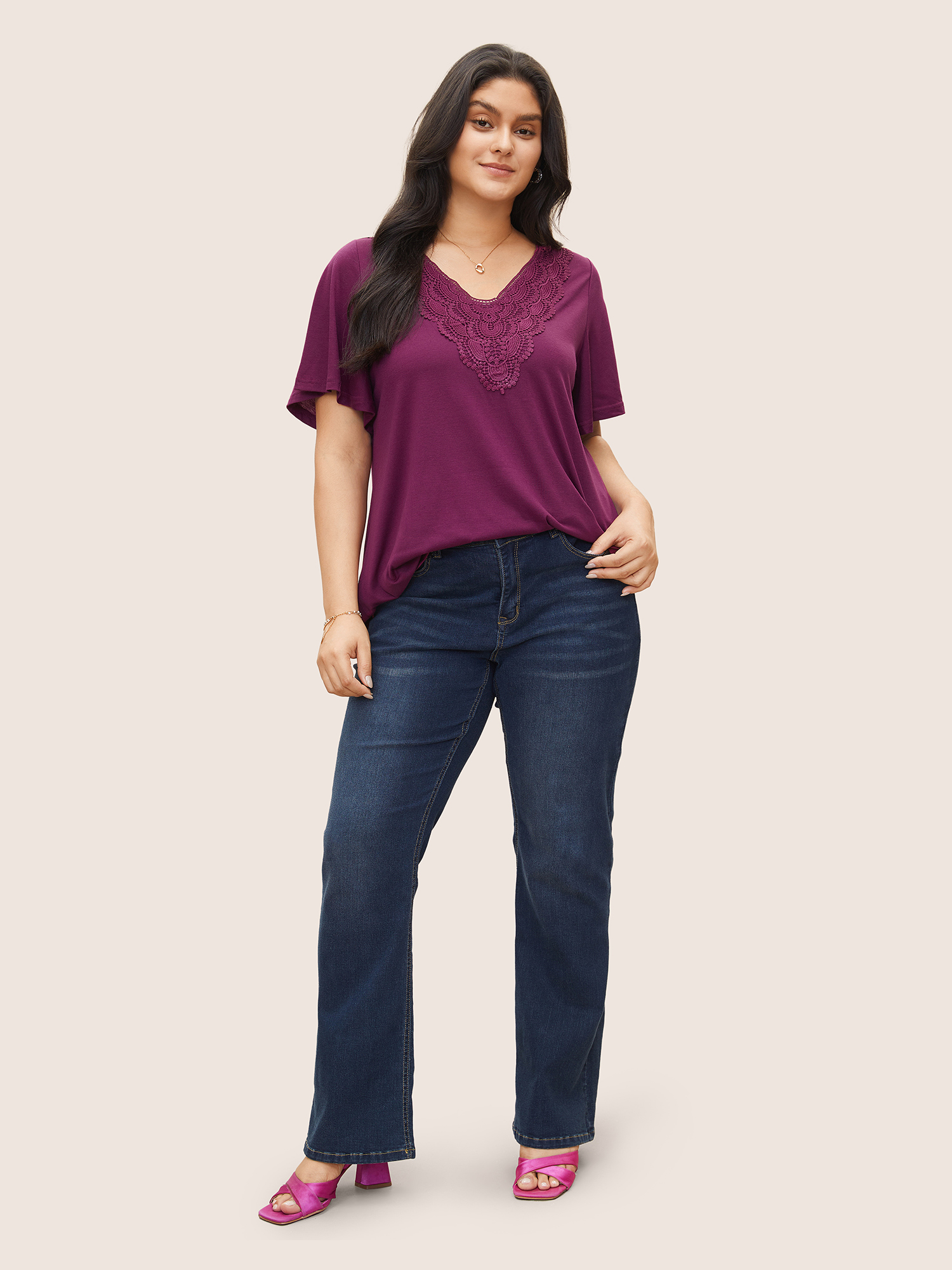 Plus Size Women Everyday Plain Lace Ruffle Sleeve Short sleeve V-neck Elegant T-shirts BloomChic 