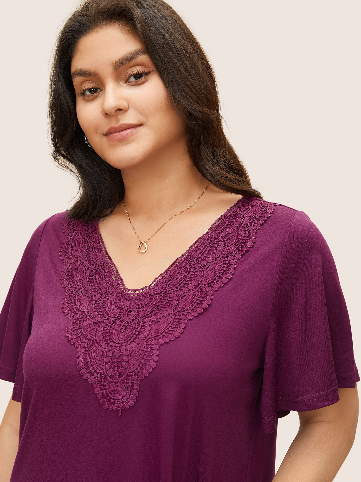 Plus Size Women Everyday Plain Lace Ruffle Sleeve Short sleeve V-neck Elegant T-shirts BloomChic 