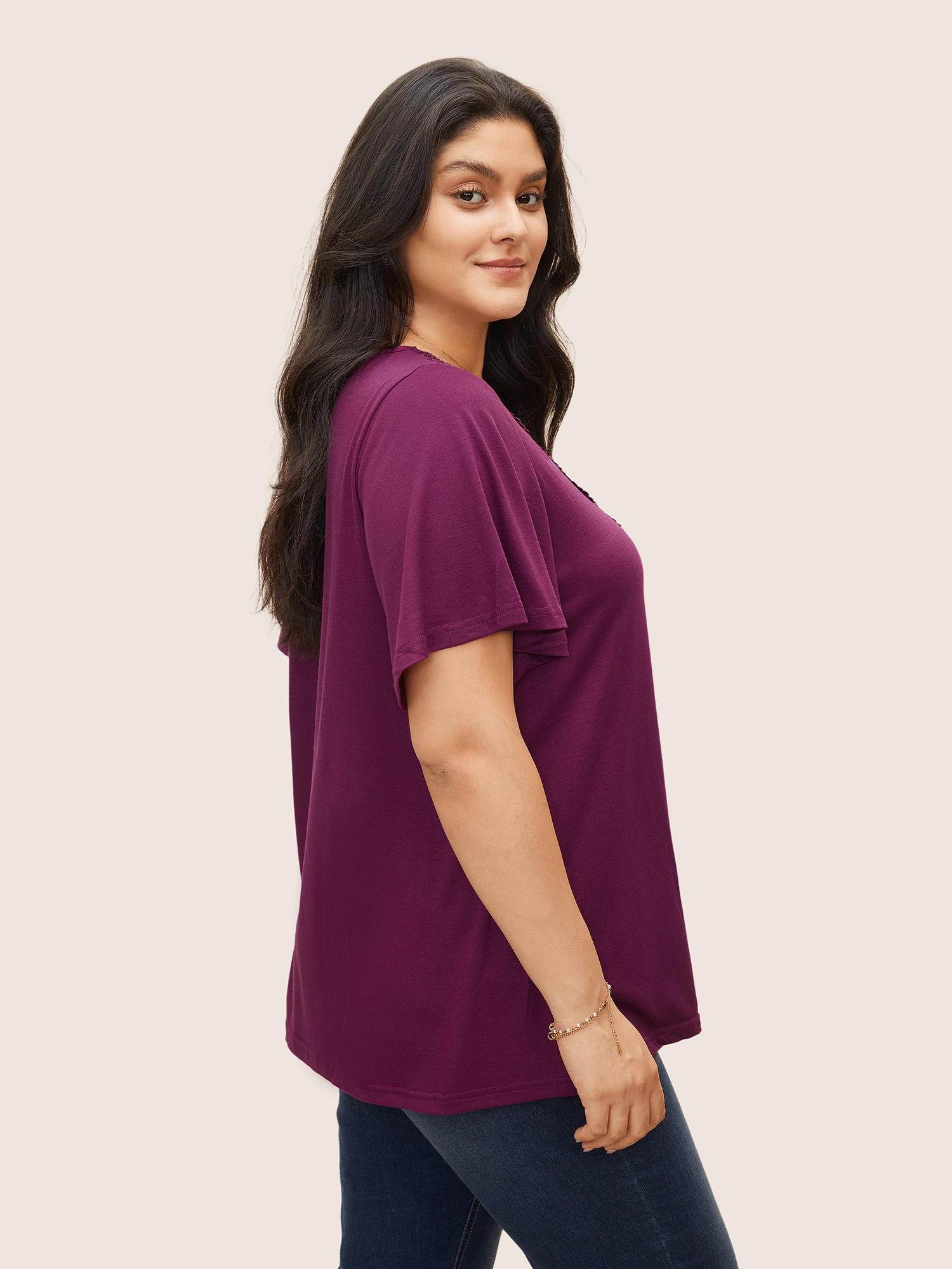 Plus Size Women Everyday Plain Lace Ruffle Sleeve Short sleeve V-neck Elegant T-shirts BloomChic 