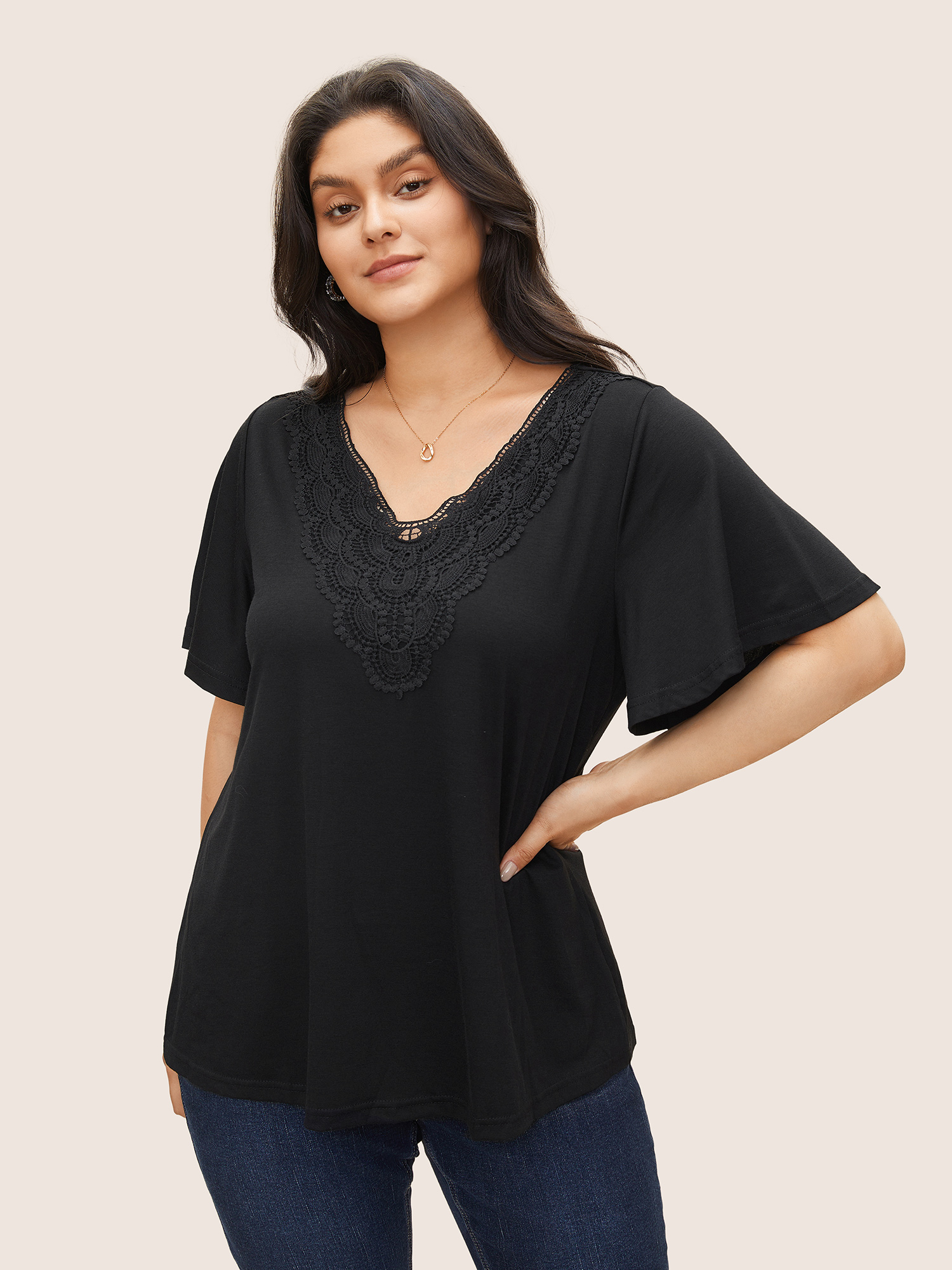 

Plus Size Solid Ruffle Sleeve Lace V Neck T-shirt Black V-neck Short sleeve Elegant Jersey Tops