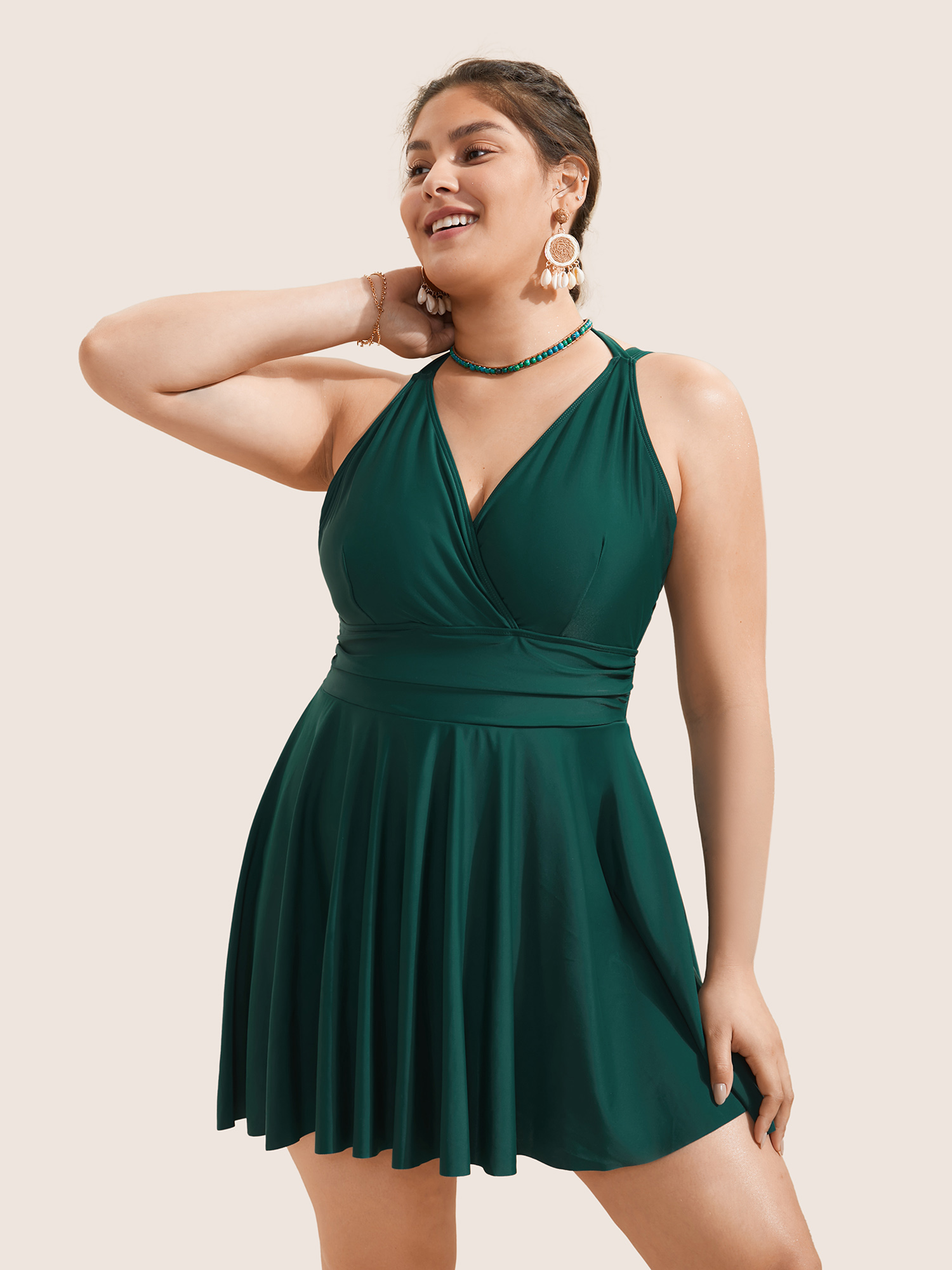 

Plus Size Solid Ruffle Hem Empire Waist Halter Neck Swim Dress Women's Swimwear DarkGreen Beach Bodycon Halter neck High stretch Curve Swim Dresses BloomChic