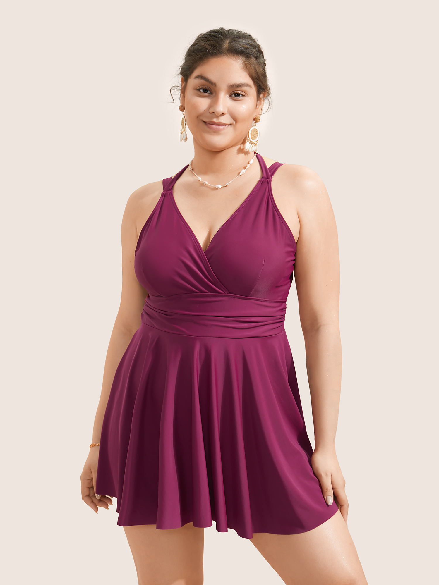 

Plus Size Solid Ruffle Hem Empire Waist Halter Neck Swim Dress Women's Swimwear RedViolet Beach Bodycon Halter neck High stretch Curve Swim Dresses BloomChic