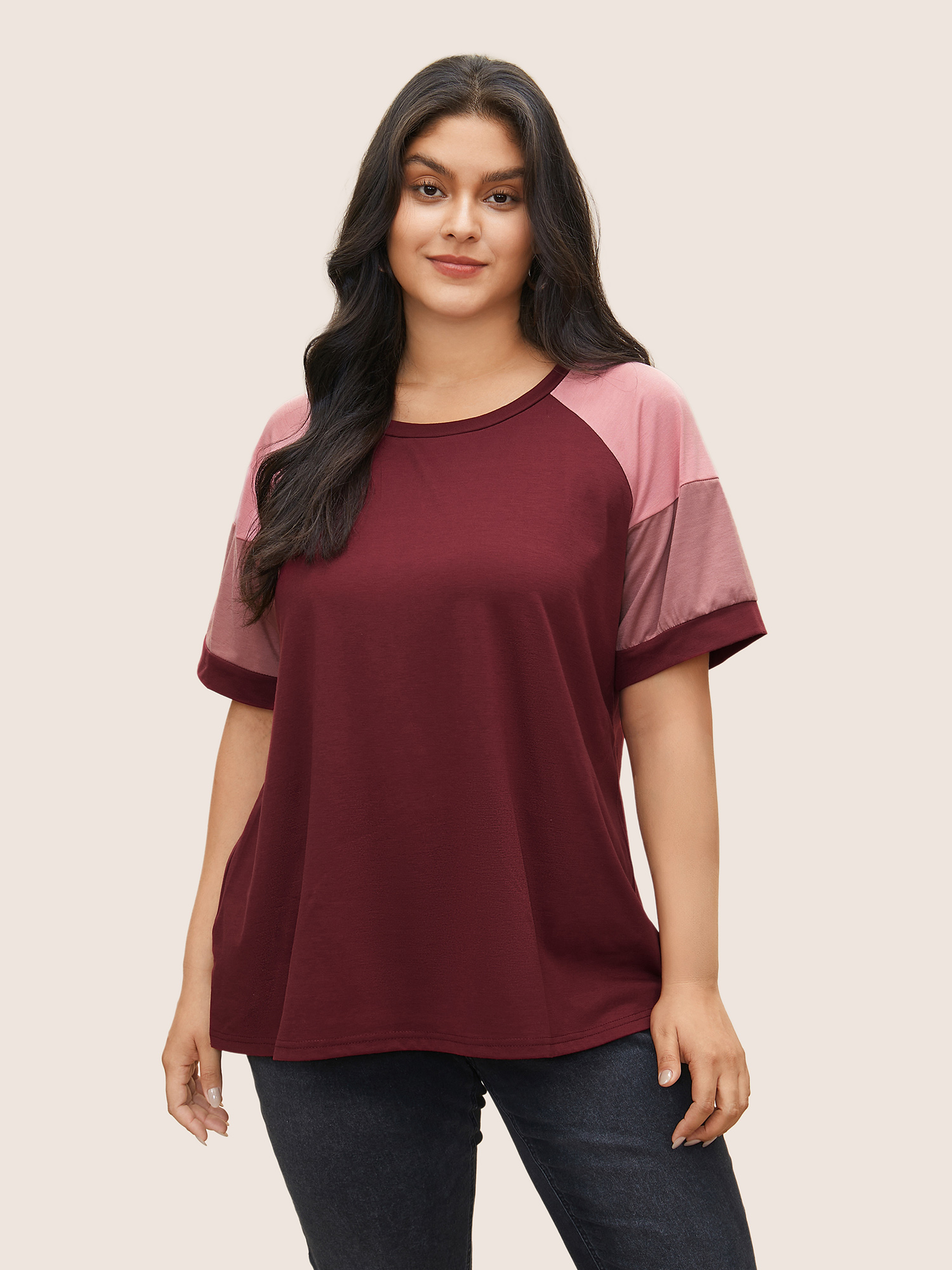 

Plus Size Colorblock Contrast Crew Neck Raglan Sleeve T-shirt Scarlet Women Casual Contrast Colorblock Round Neck Everyday T-shirts BloomChic