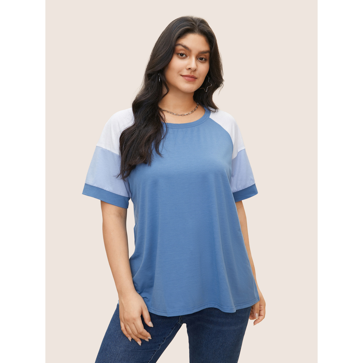 

Plus Size Colorblock Contrast Crew Neck Raglan Sleeve T-shirt Cerulean Women Casual Contrast Colorblock Round Neck Everyday T-shirts BloomChic